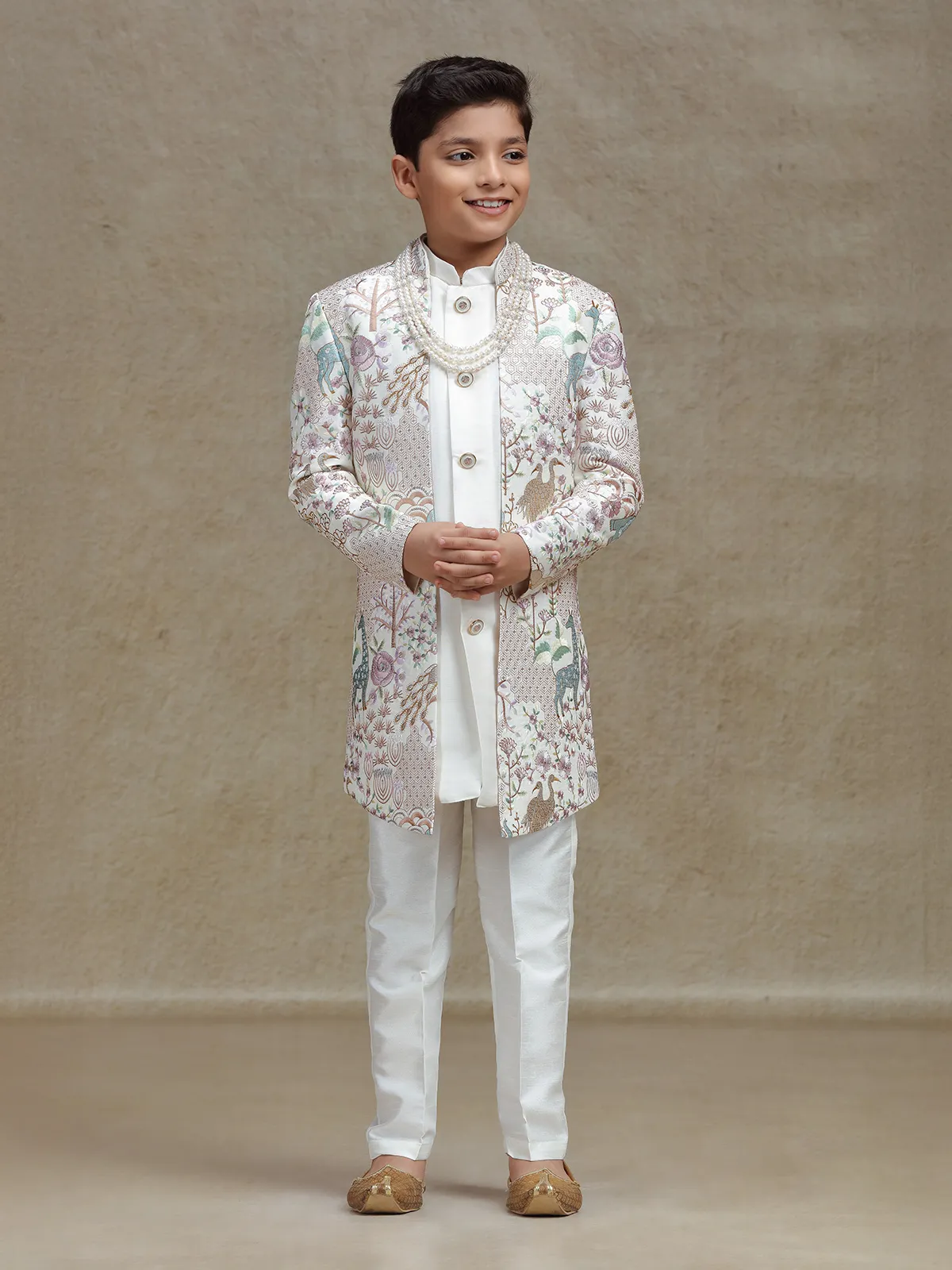 White embroidered silk indo western set