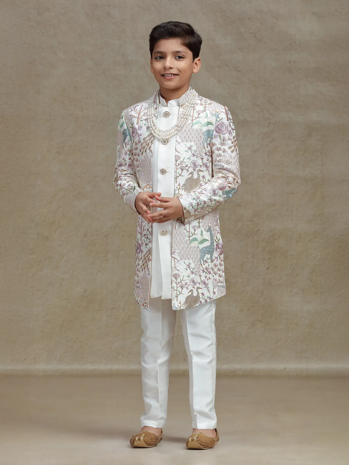 White embroidered silk indo western set