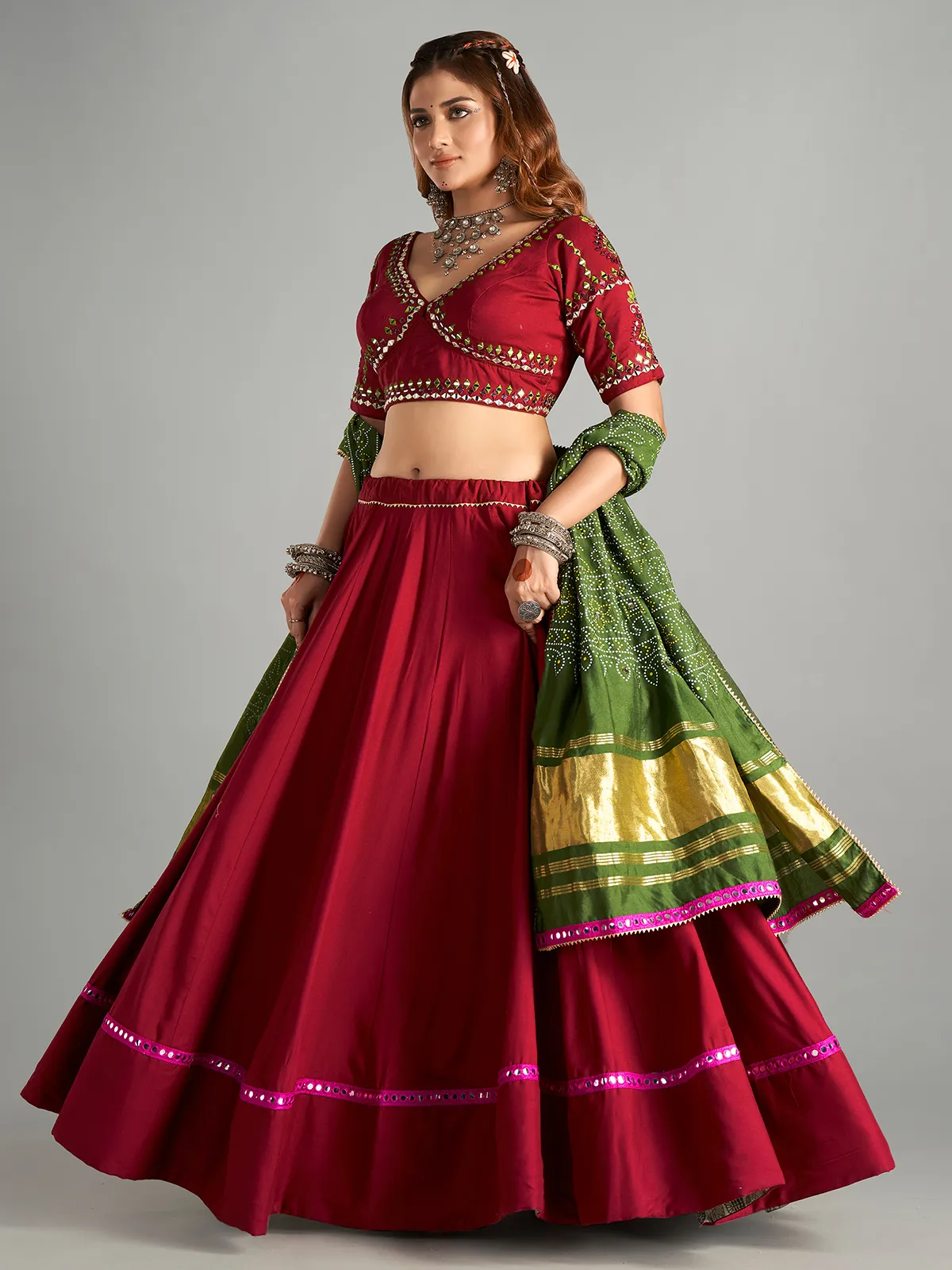 Wine cotton chaniya choli with printed dupatta