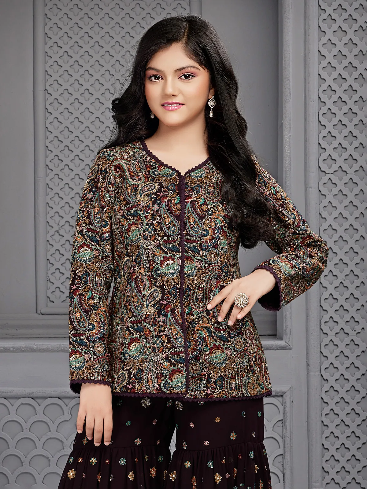 Wine georgette embroidery sharara suit