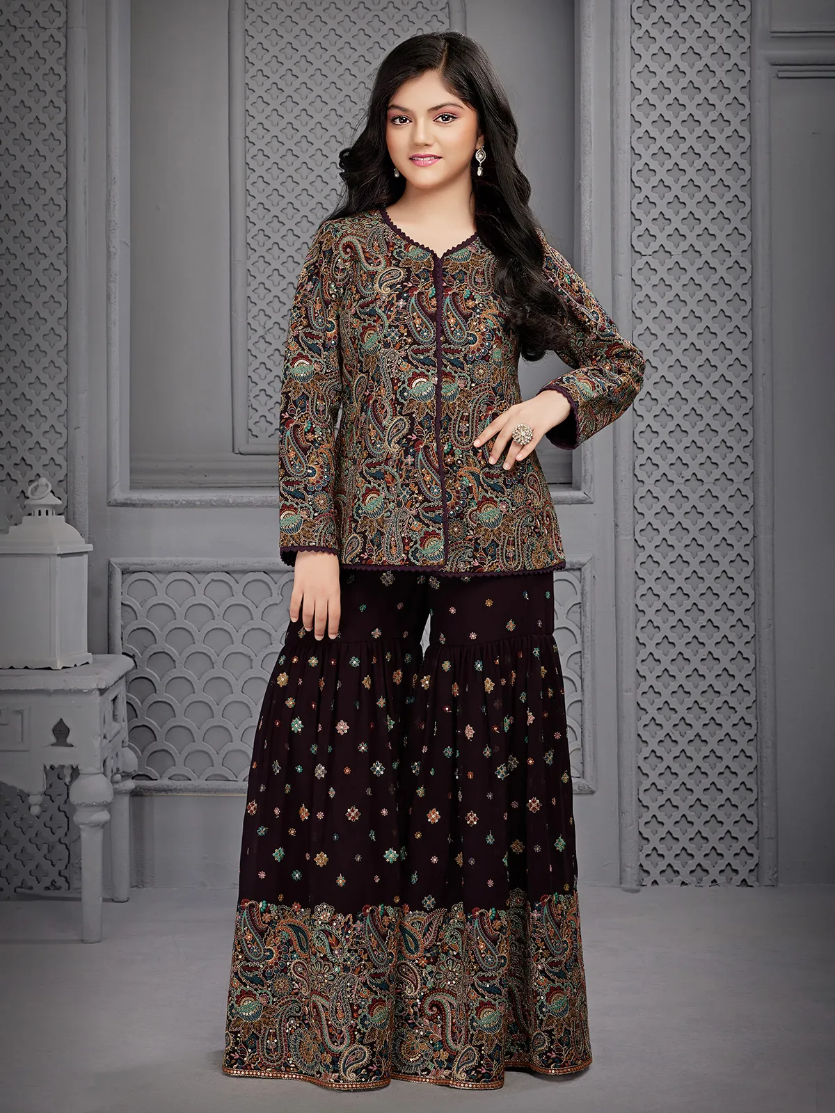 Wine georgette embroidery sharara suit