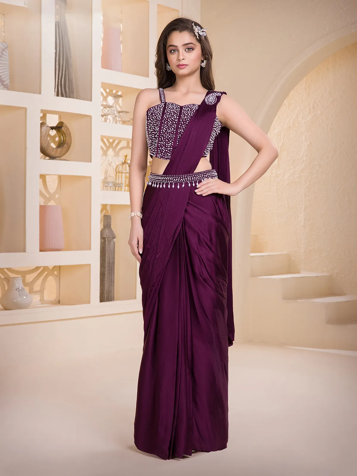 Wine georgette lehenga choli with beads detailing