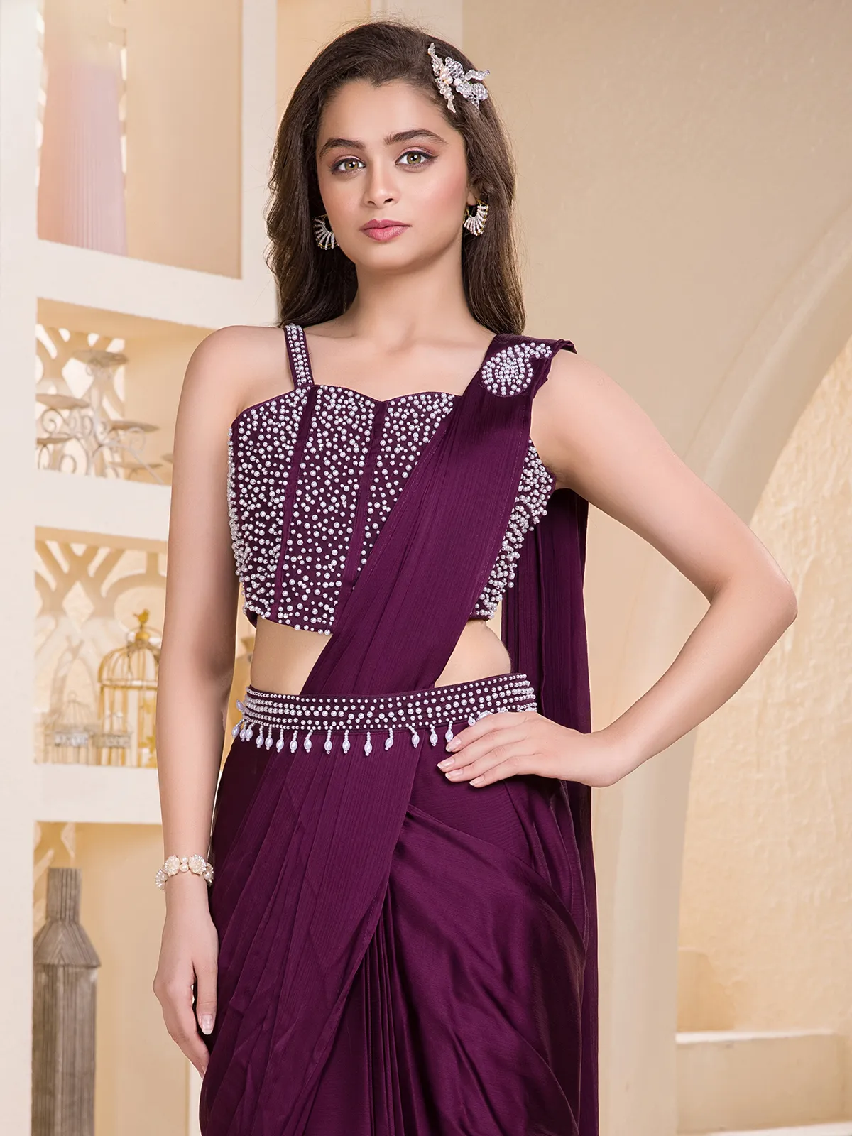 Wine georgette lehenga choli with beads detailing