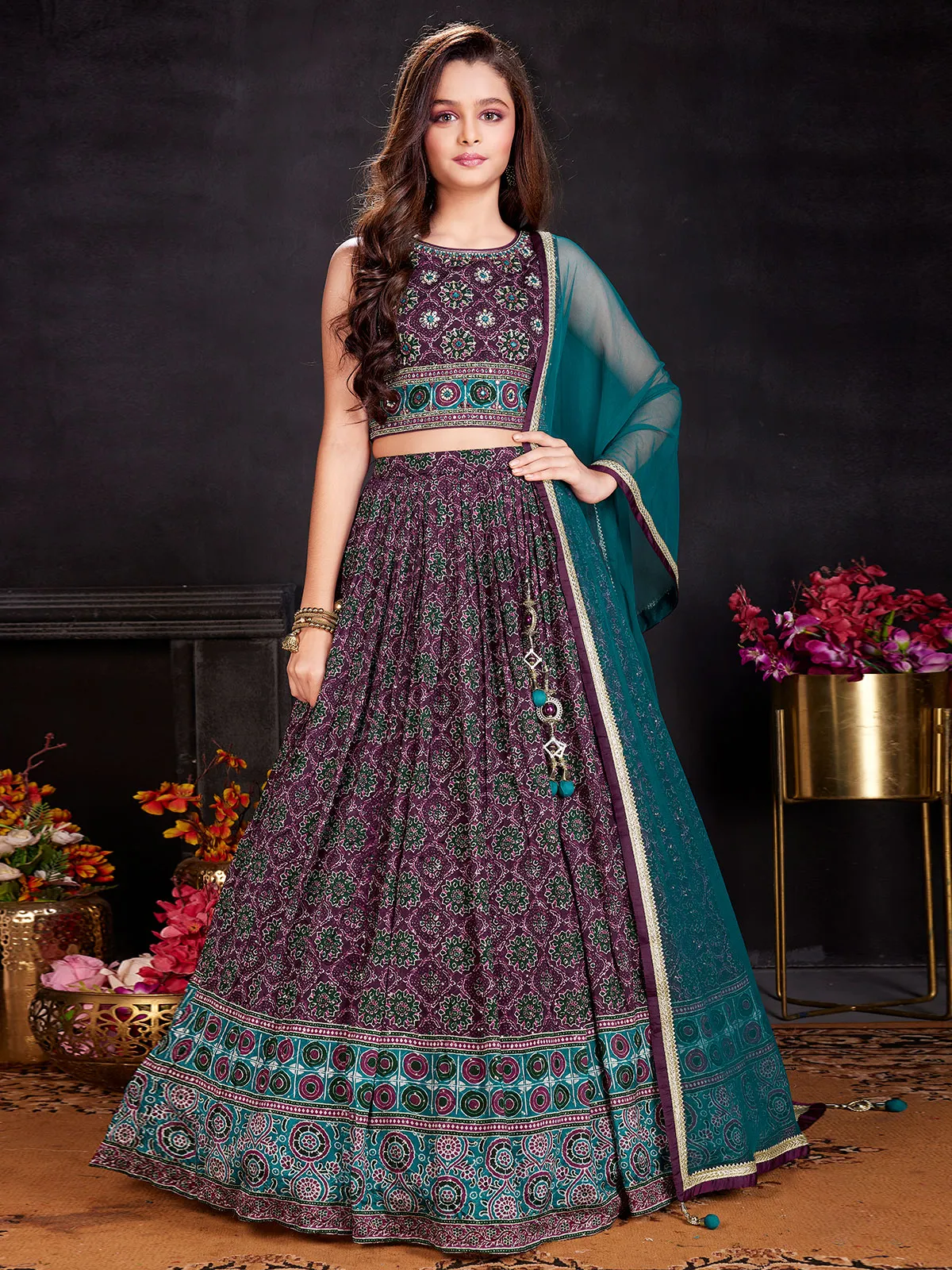 Wine georgette wedding wear lehenga choli in printed