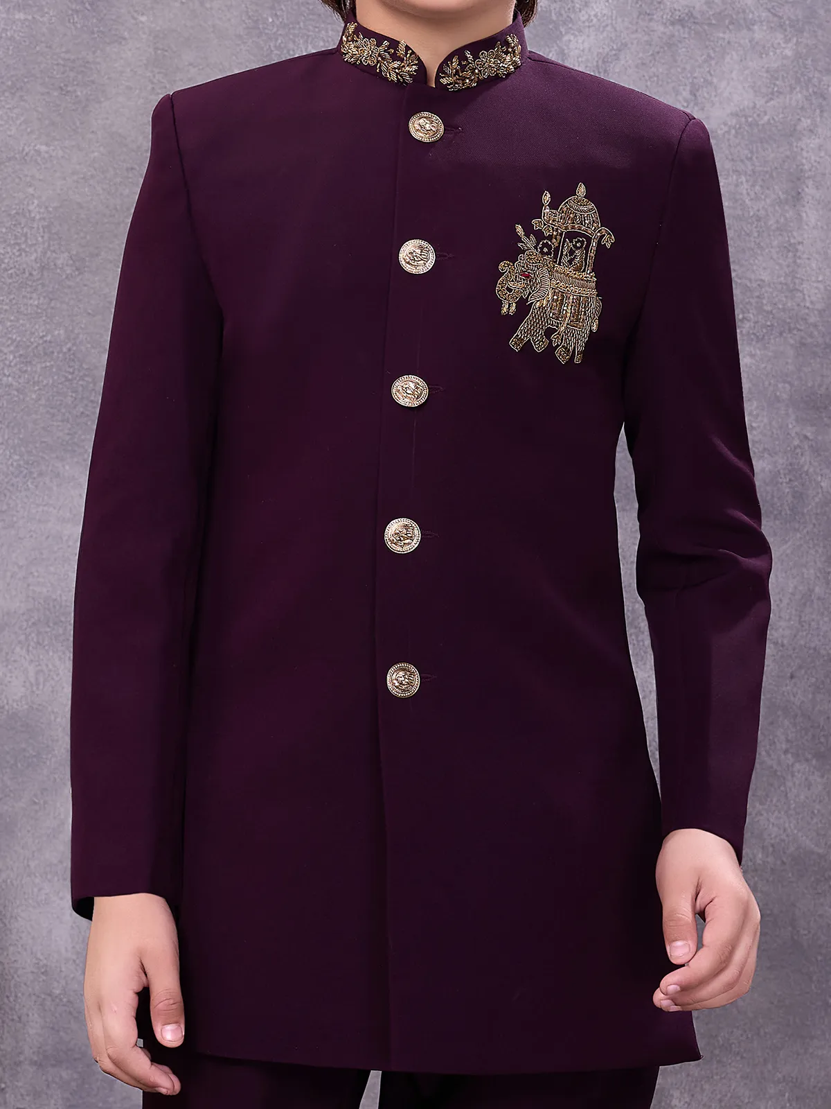 Wine jacquard heavily adorned festive indowestern