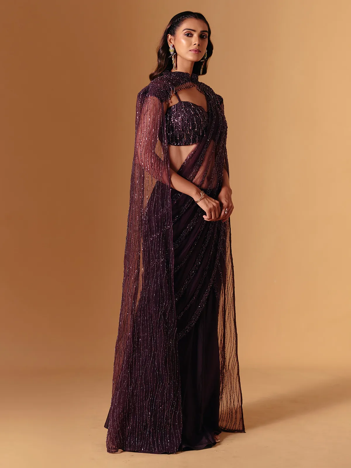 Wine net designer ready to wear saree