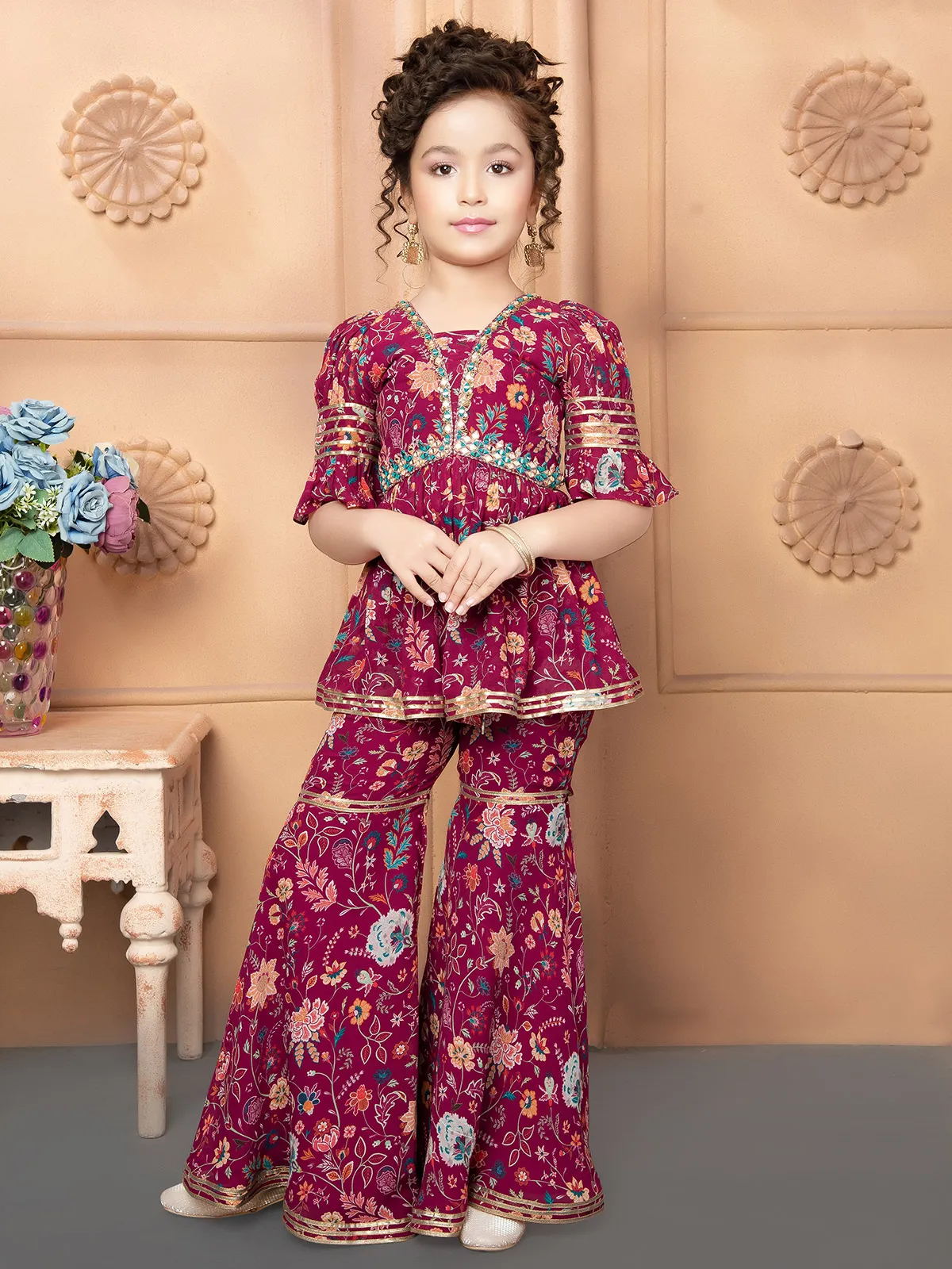 Wine printed sharara suit in georgette