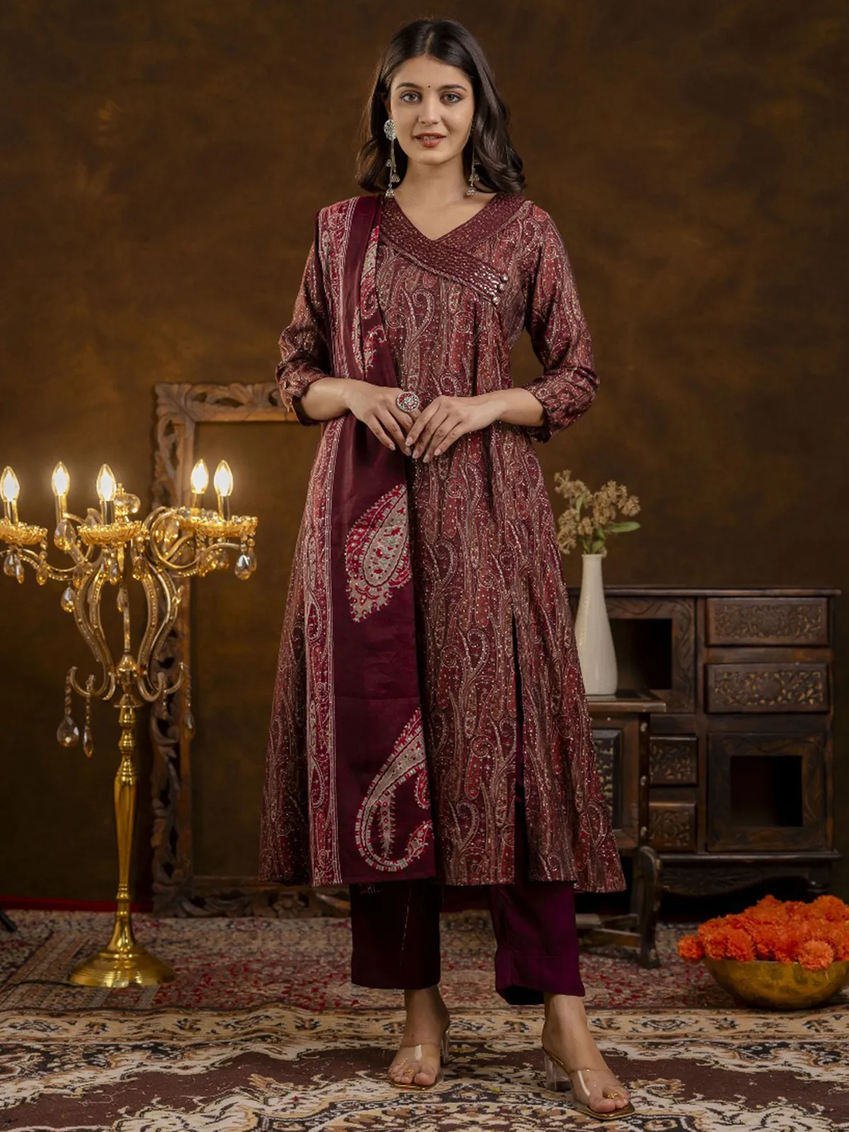 Wine printed silk kurti set with dupatta