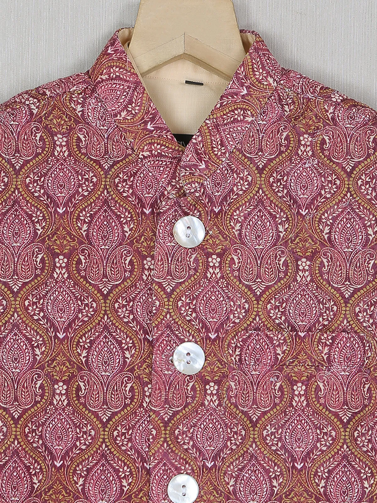 Wine cotton silk printed boys waistcoat with shirt