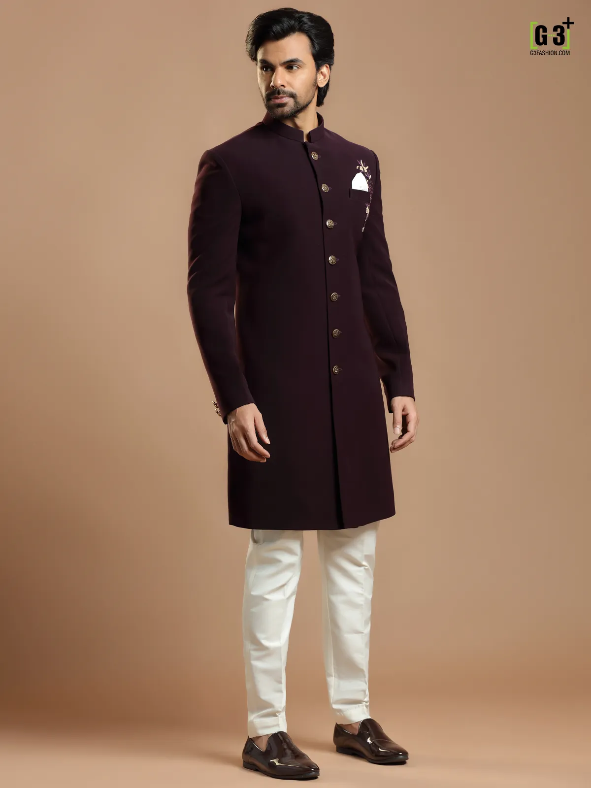 Wine hue party wear indowestern for men