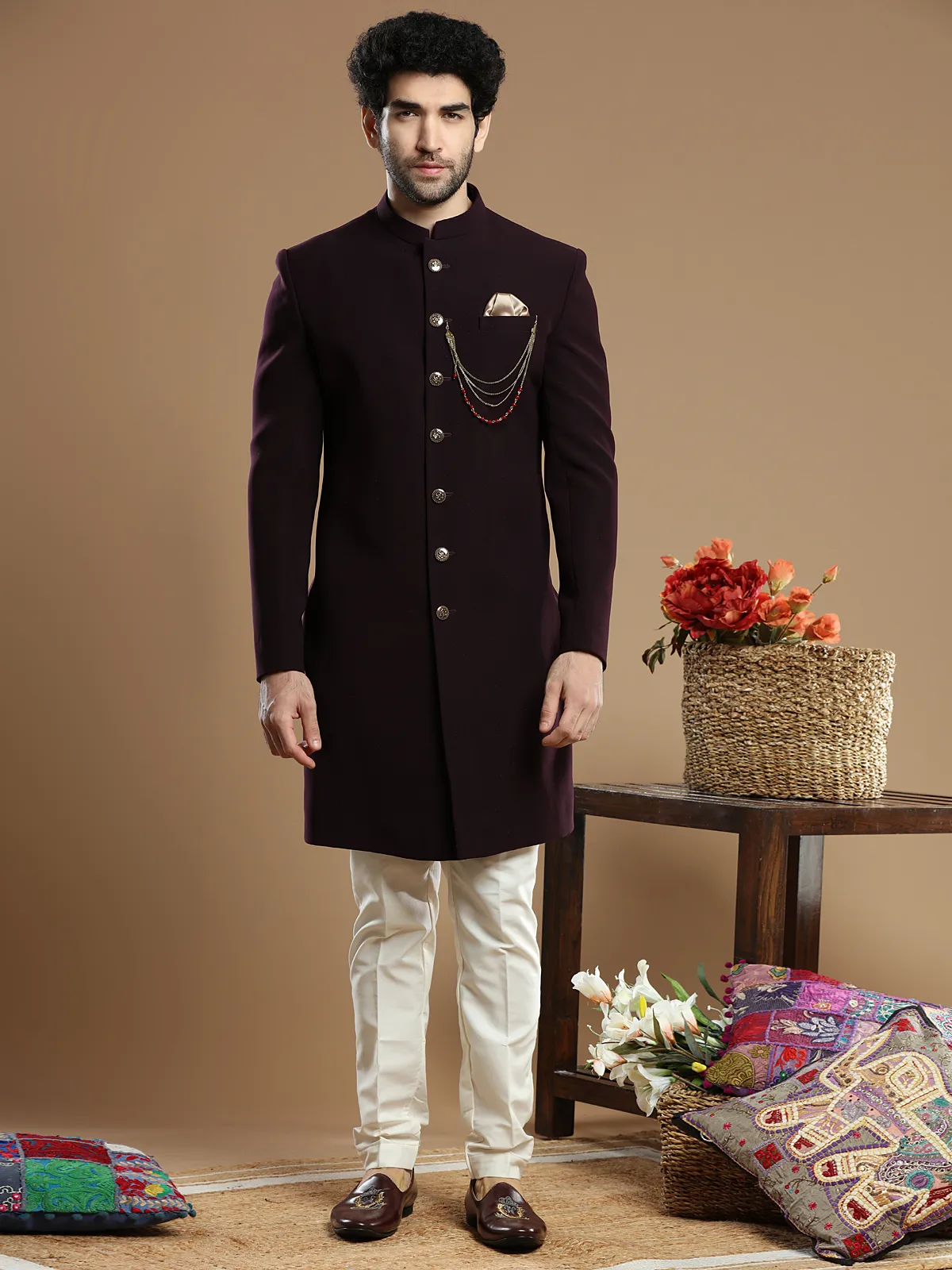 Wine hued terry rayon wedding wear indo western for men