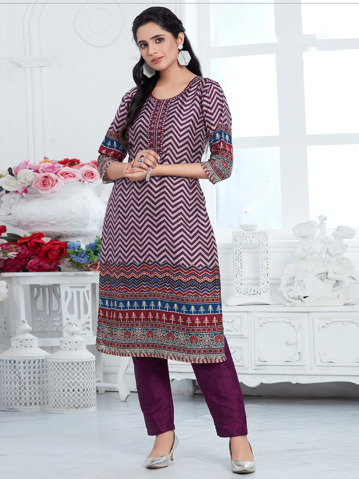 Wine russian silk printed straight kurti