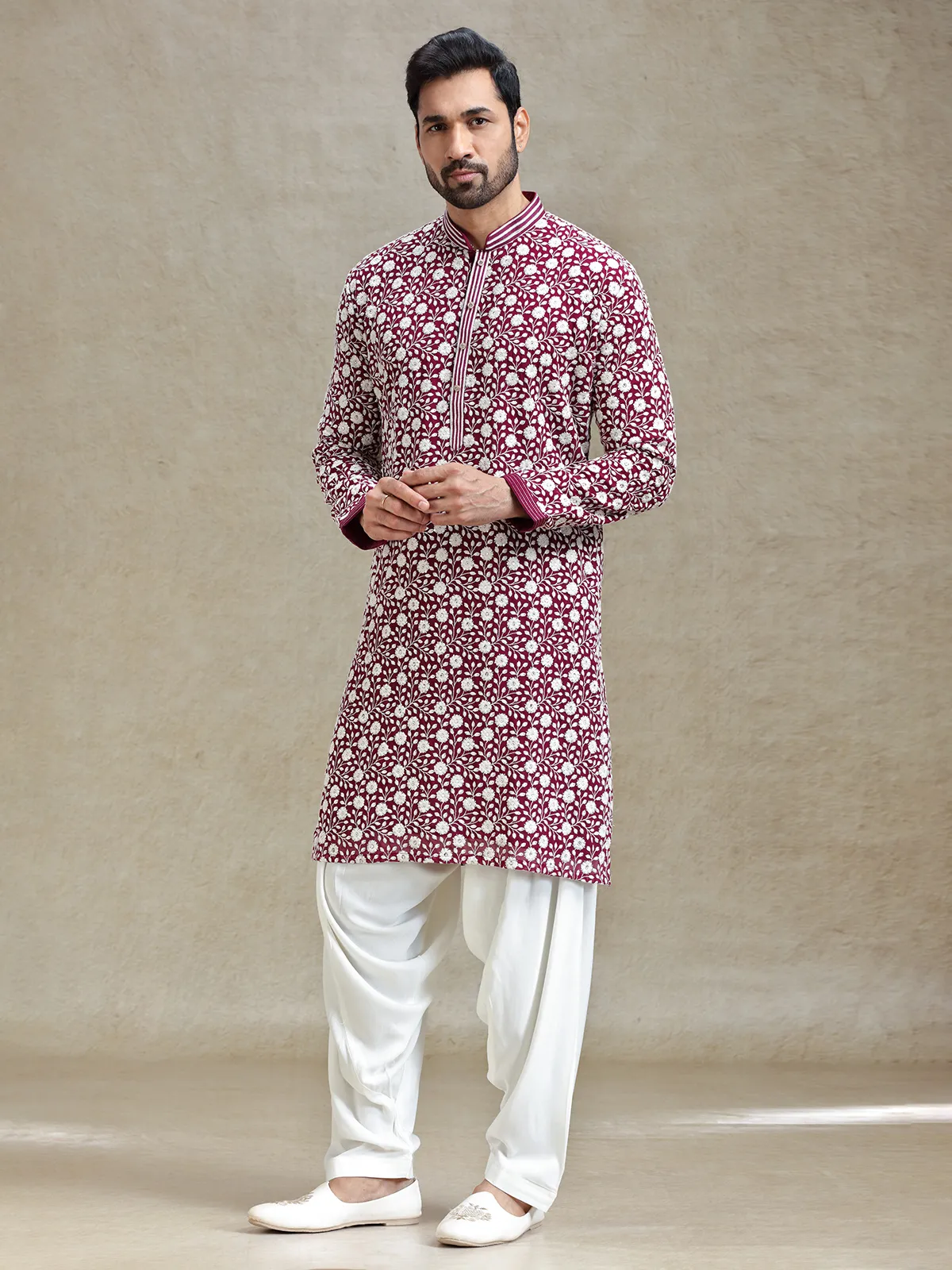 Wine shades kurta set for festive charm