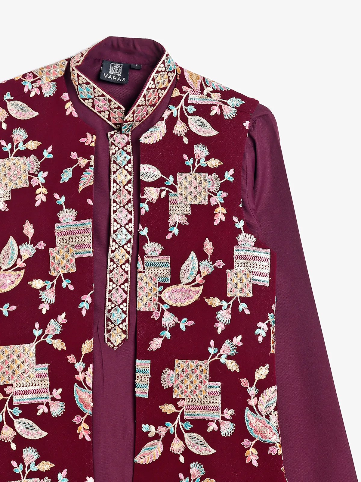 Wine silk embroidery waistcoat set