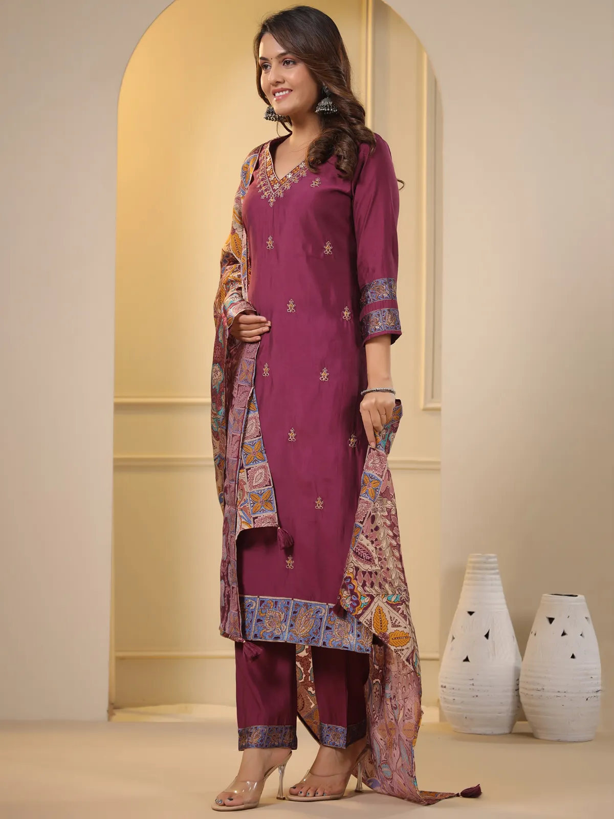 Wine silk kurti set with printed dupatta