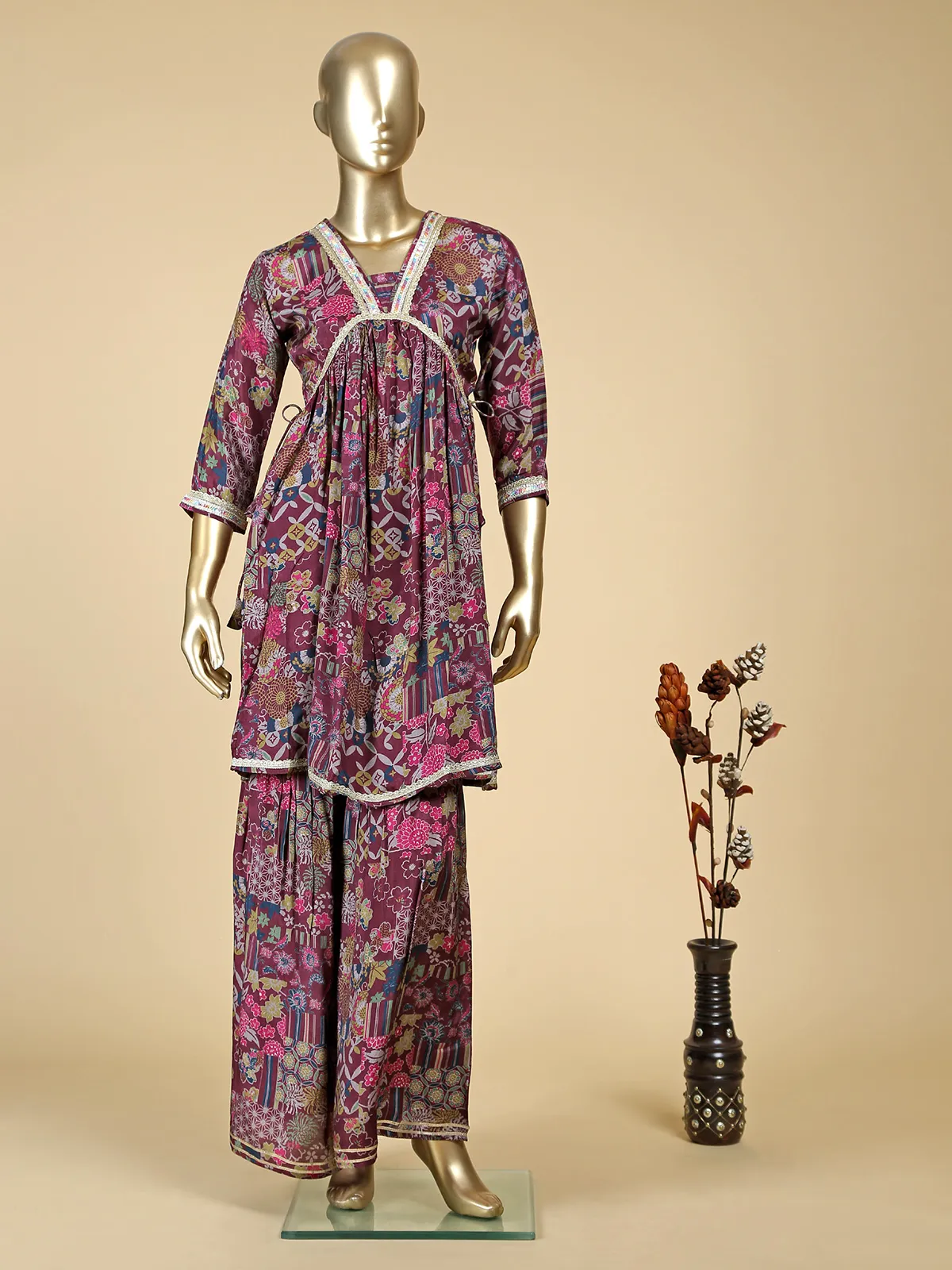 Wine silk printed sharara set with dupatta