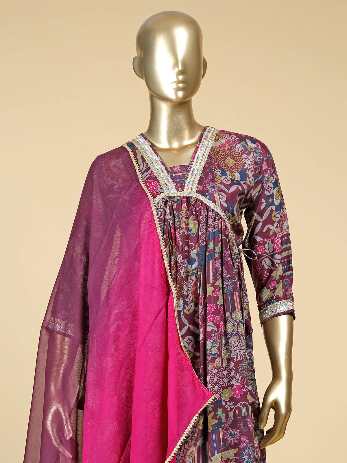 Wine silk printed sharara set with dupatta