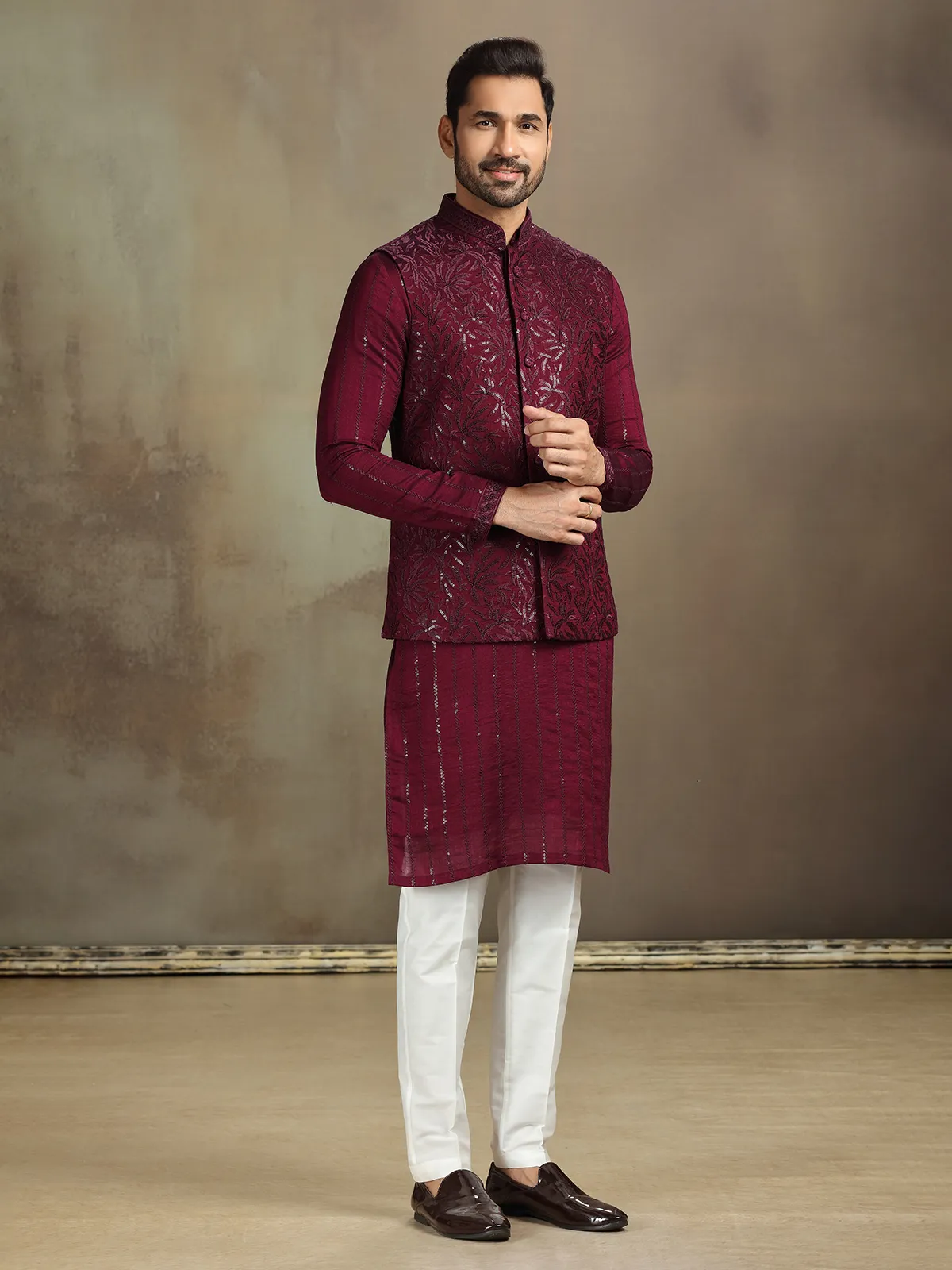 Wine silk sequin waistcoat set for men