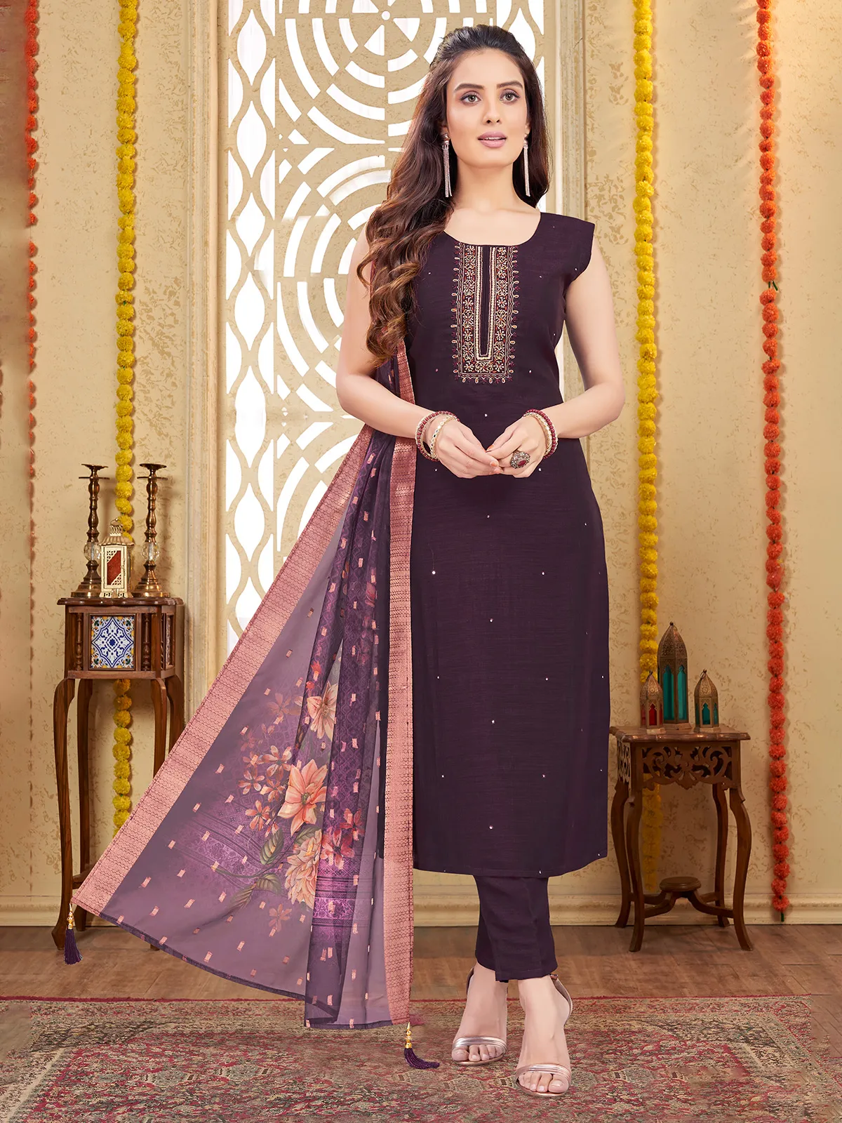 Wine silk straight cut salwar suit
