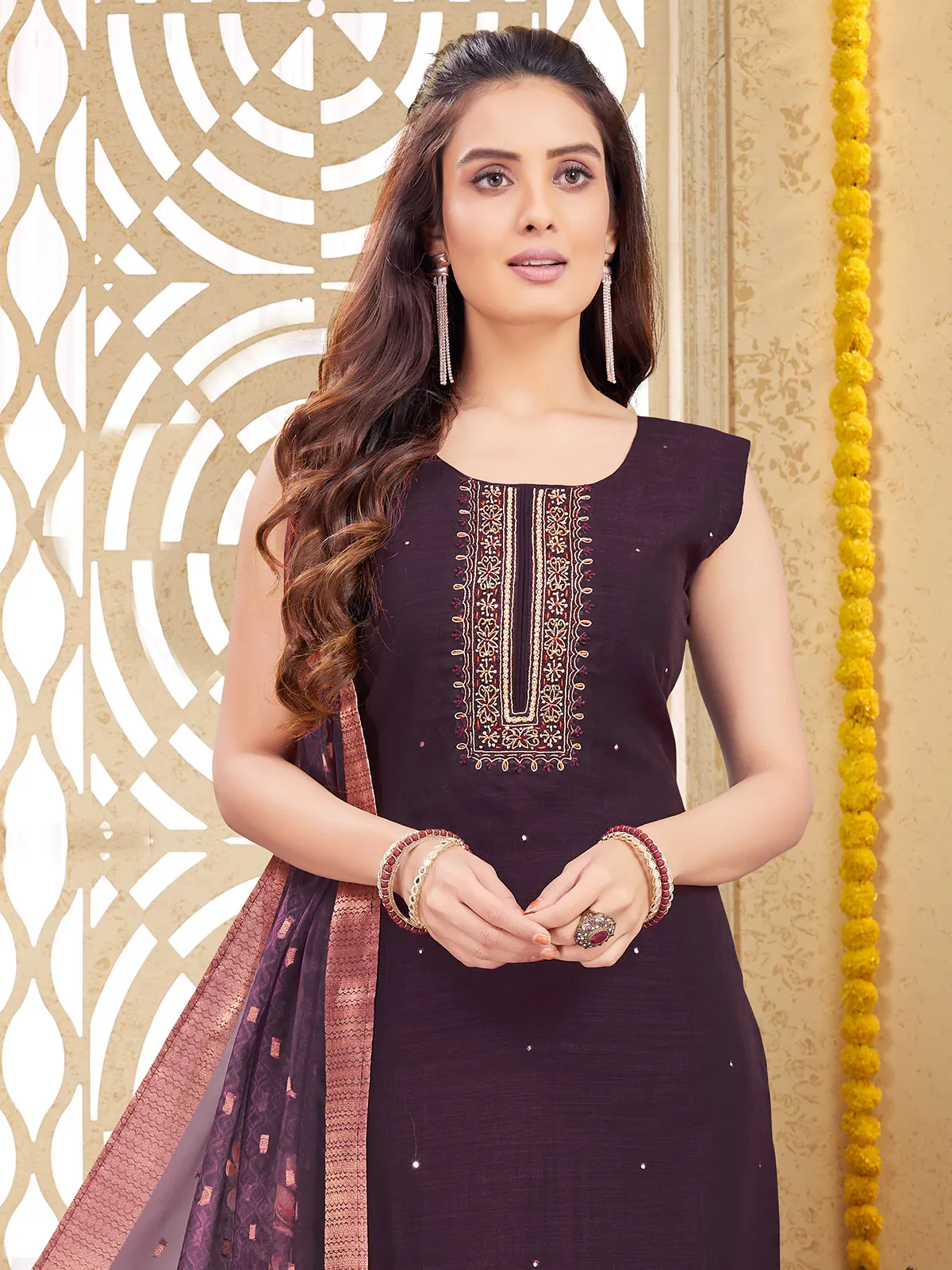 Wine silk straight cut salwar suit