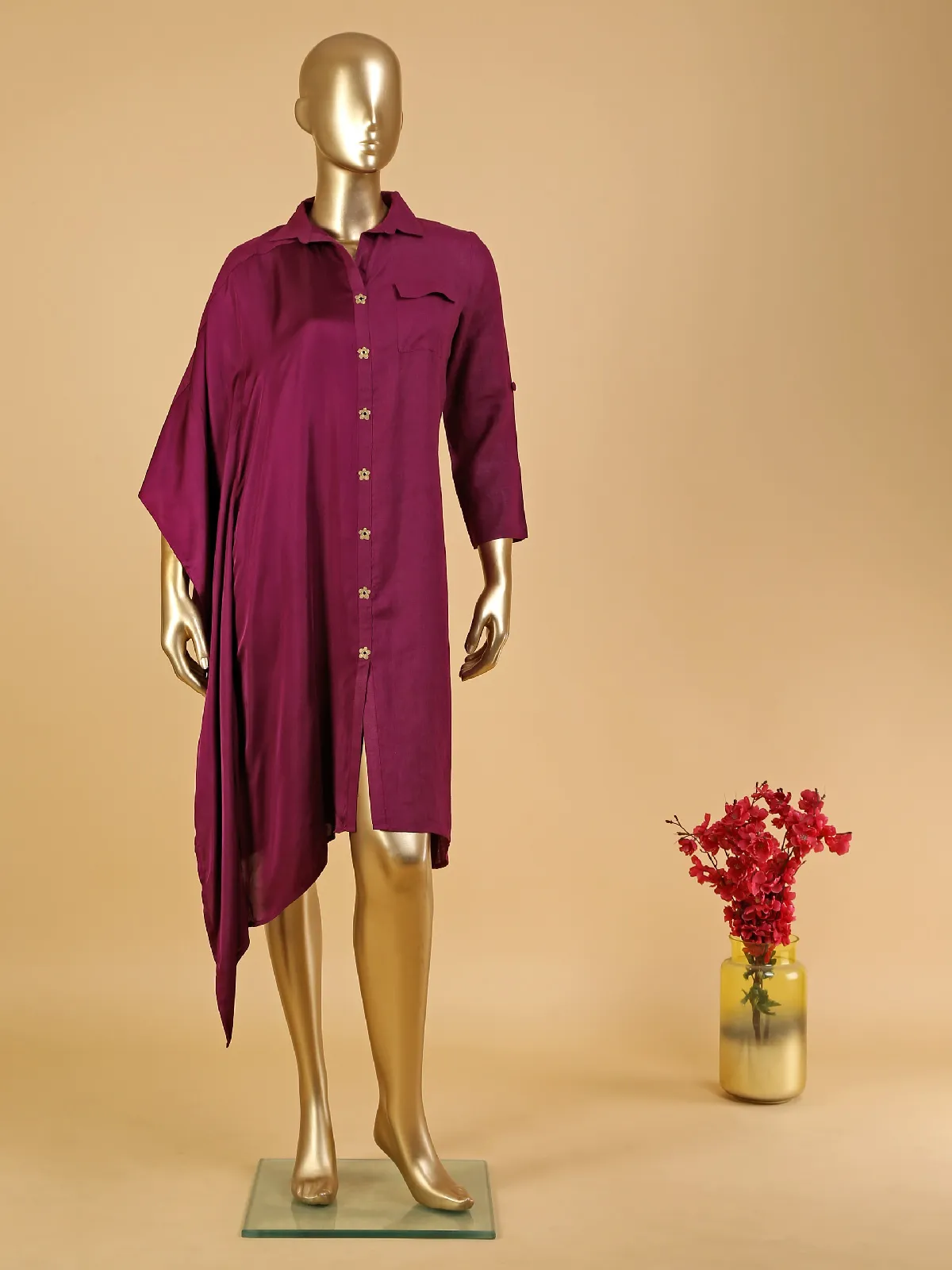 Wine solid cotton shirt style kurti