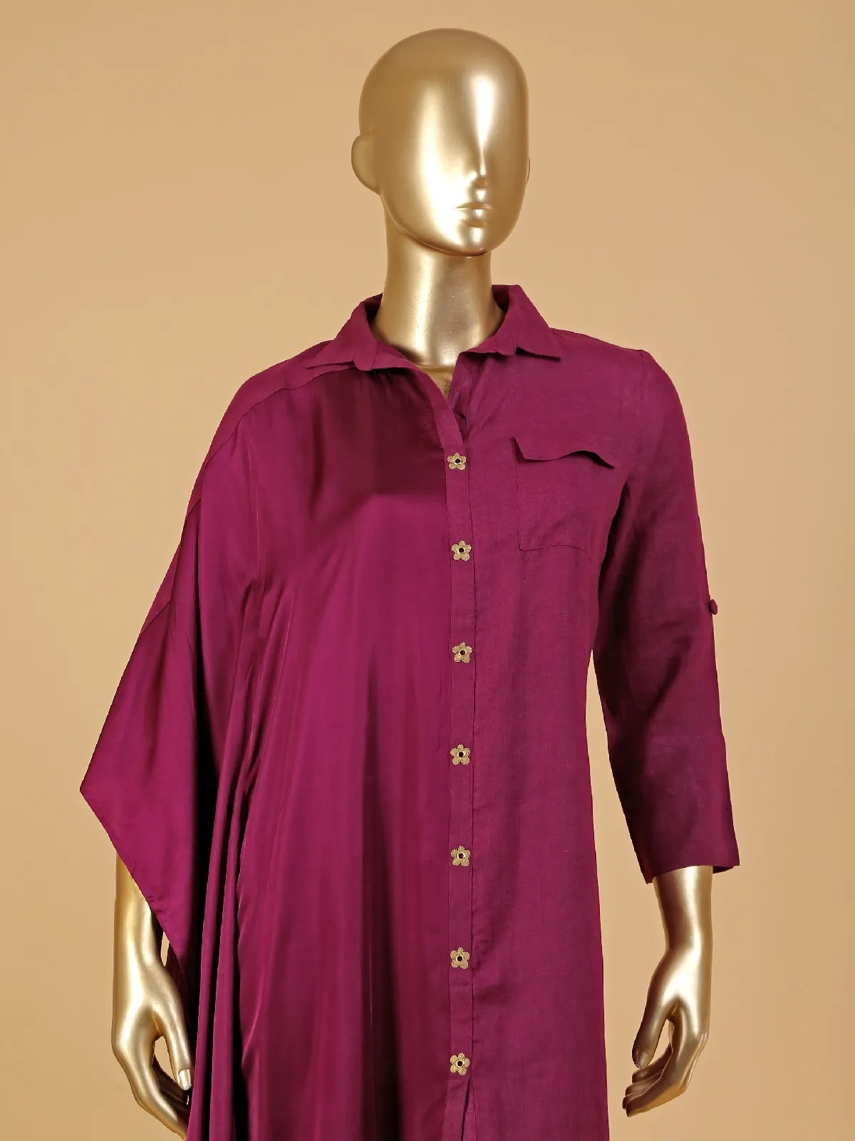 Wine solid cotton shirt style kurti