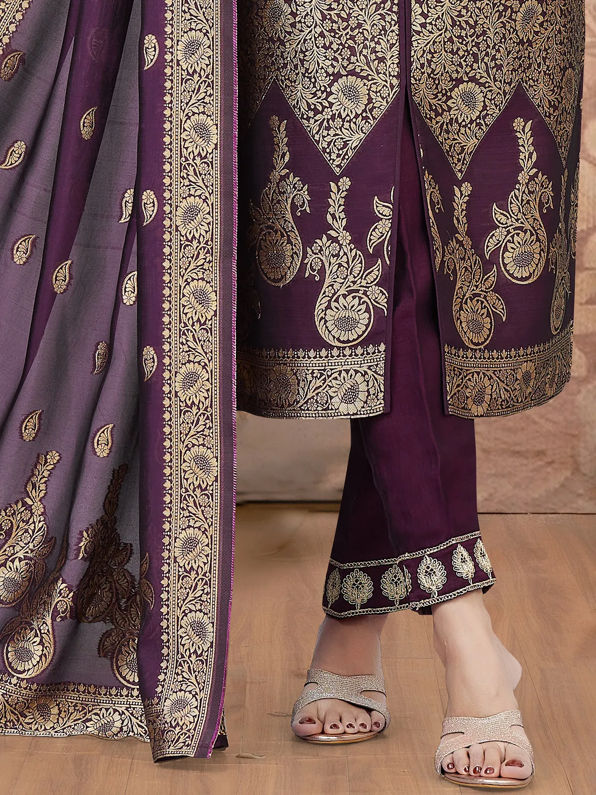 Wine straight cut silk salwar suit with zari weaving