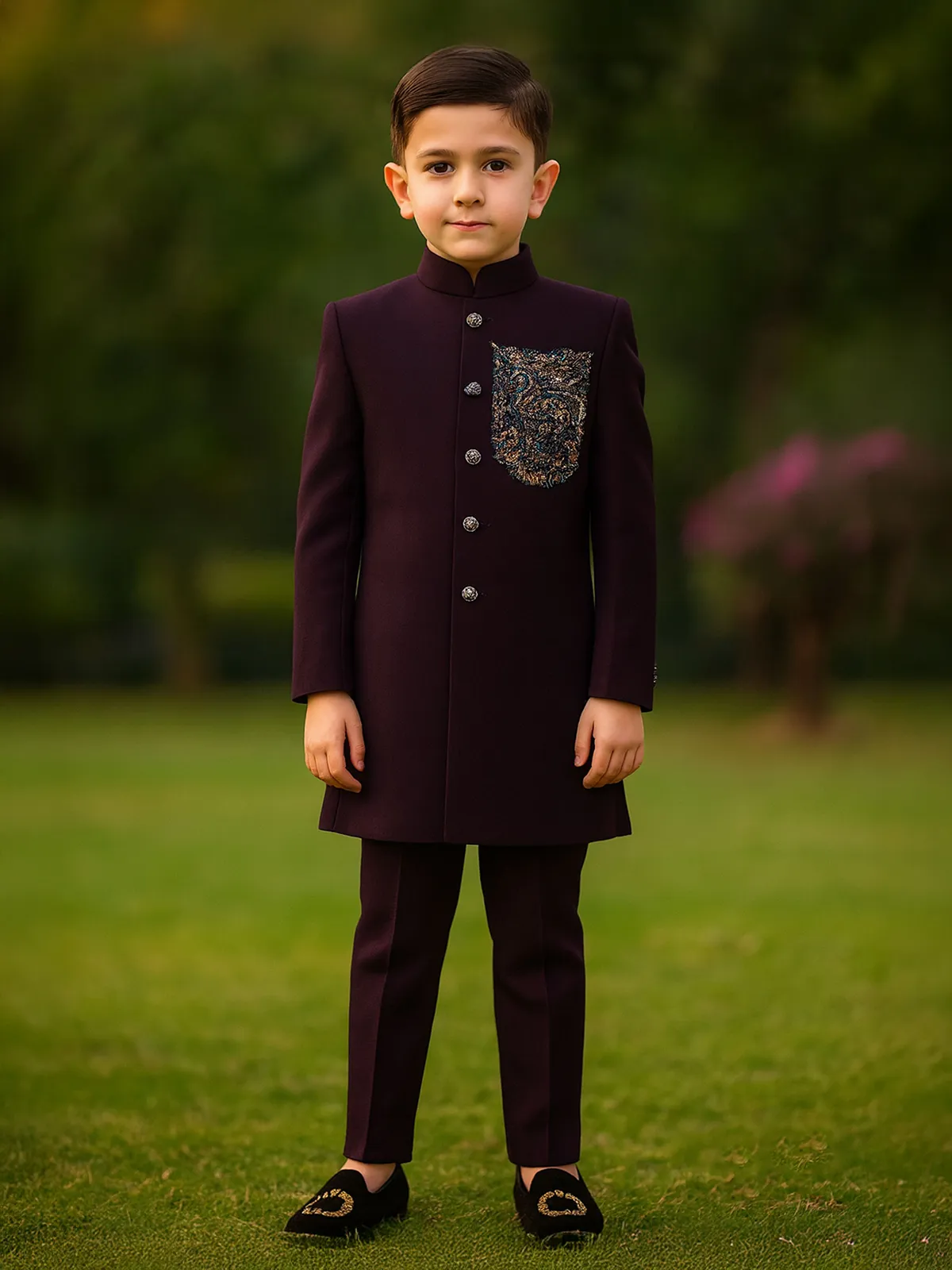 Wine terry rayon indowestern suit for wedding