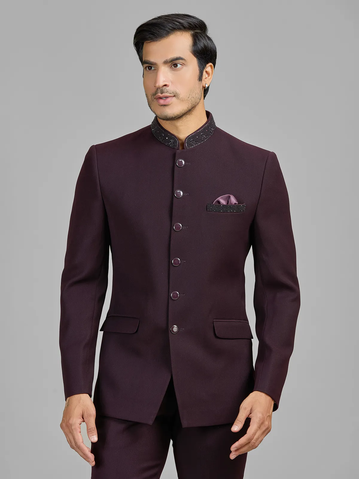Wine terry rayon jodhpuri suit for wedding celebrations