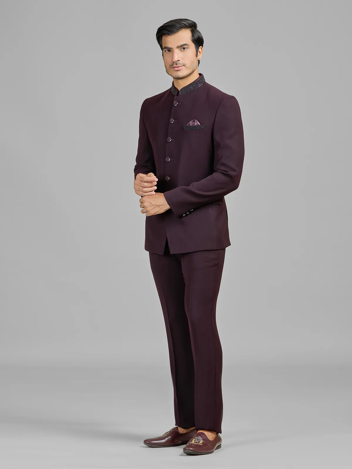 Wine terry rayon jodhpuri suit for wedding celebrations
