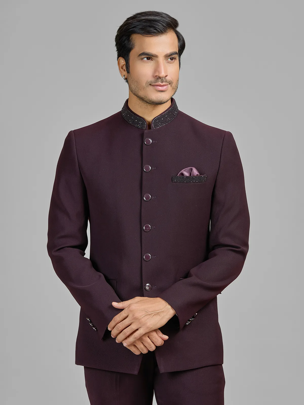 Wine terry rayon jodhpuri suit for wedding celebrations