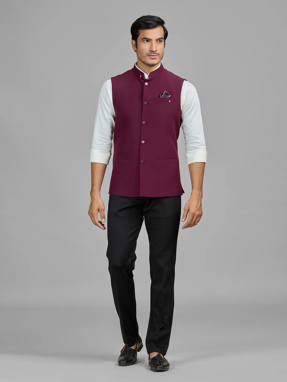 Wine terry rayon waistcoat for wedding wear