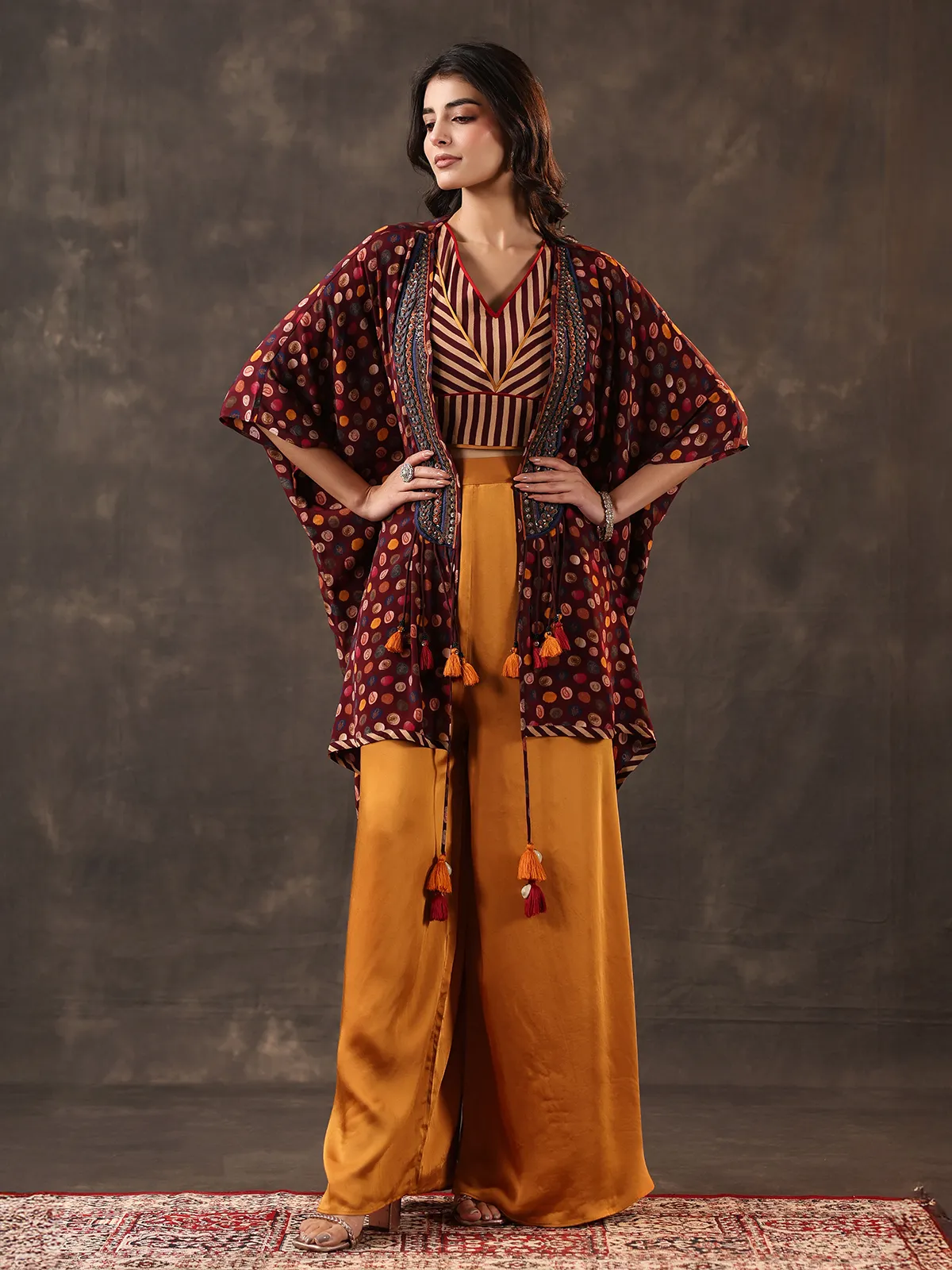 Wine yellow crepe silk jacket style palazzo suit