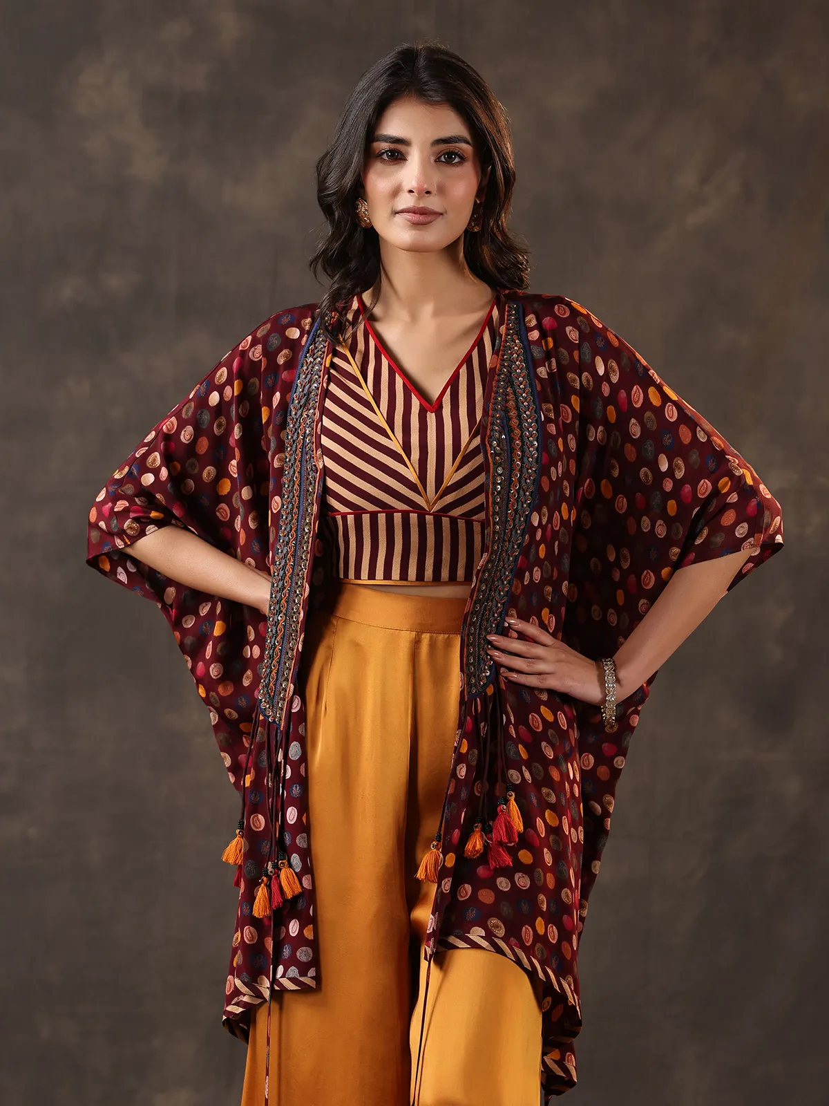 Wine yellow crepe silk jacket style palazzo suit