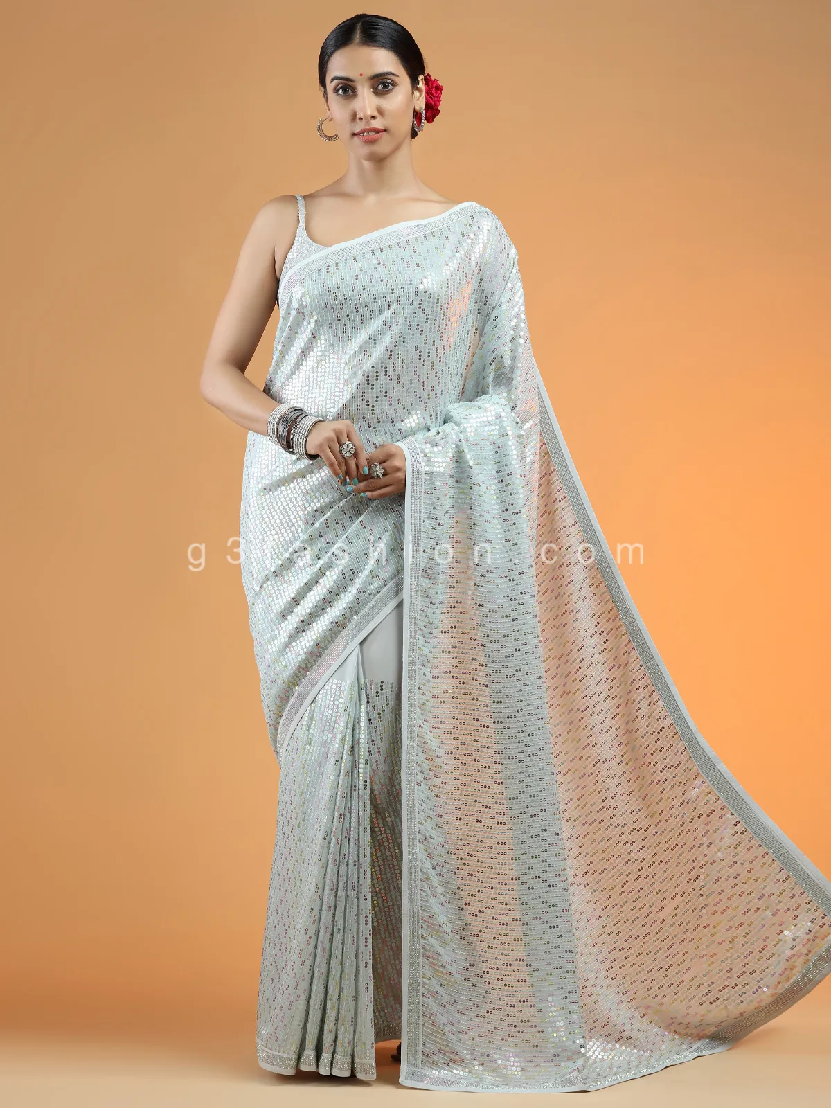 Wonderful sequins saree for party in powder blue