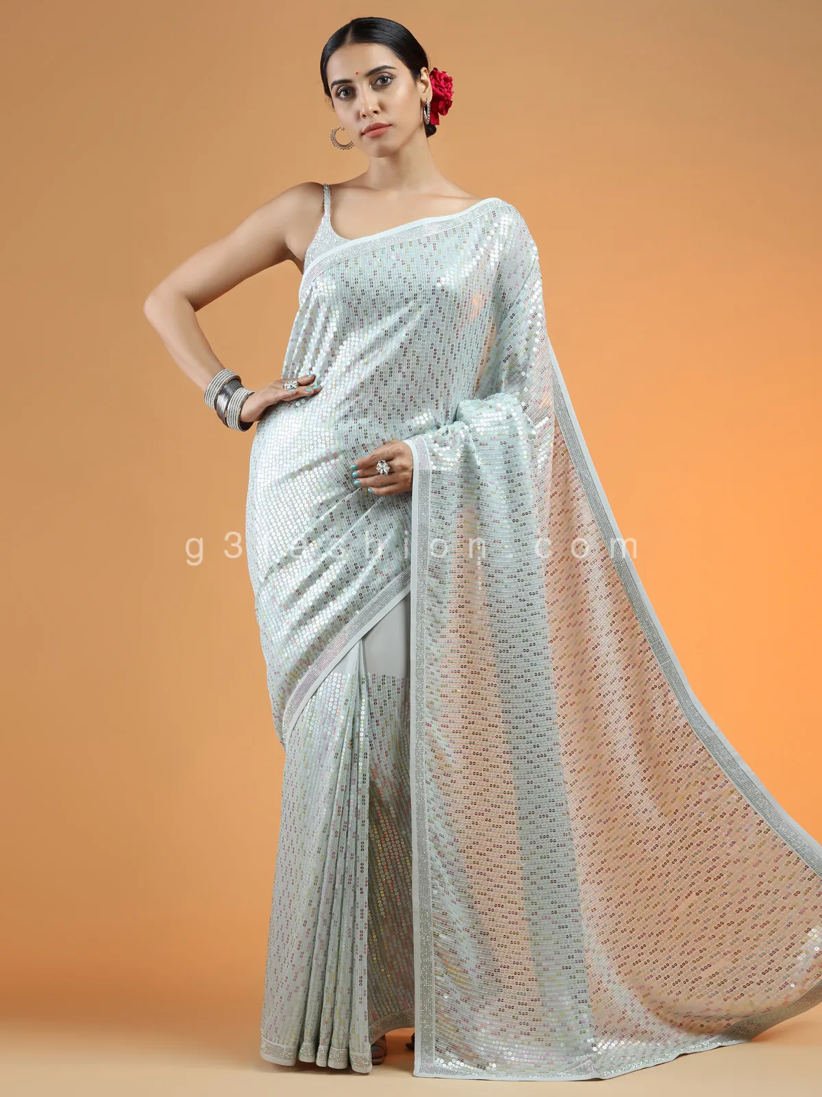 Wonderful sequins saree for party in powder blue