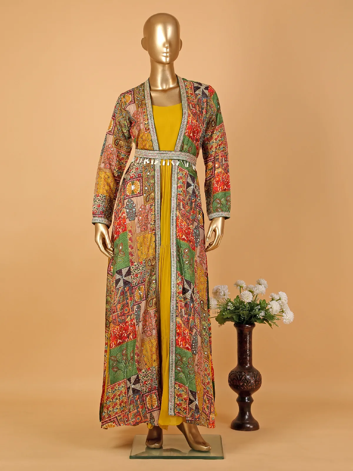 Yellow anarkali suit with printed shrug