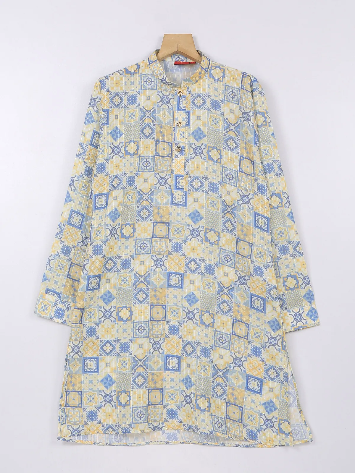 Yellow and blue silk printed kurta suit