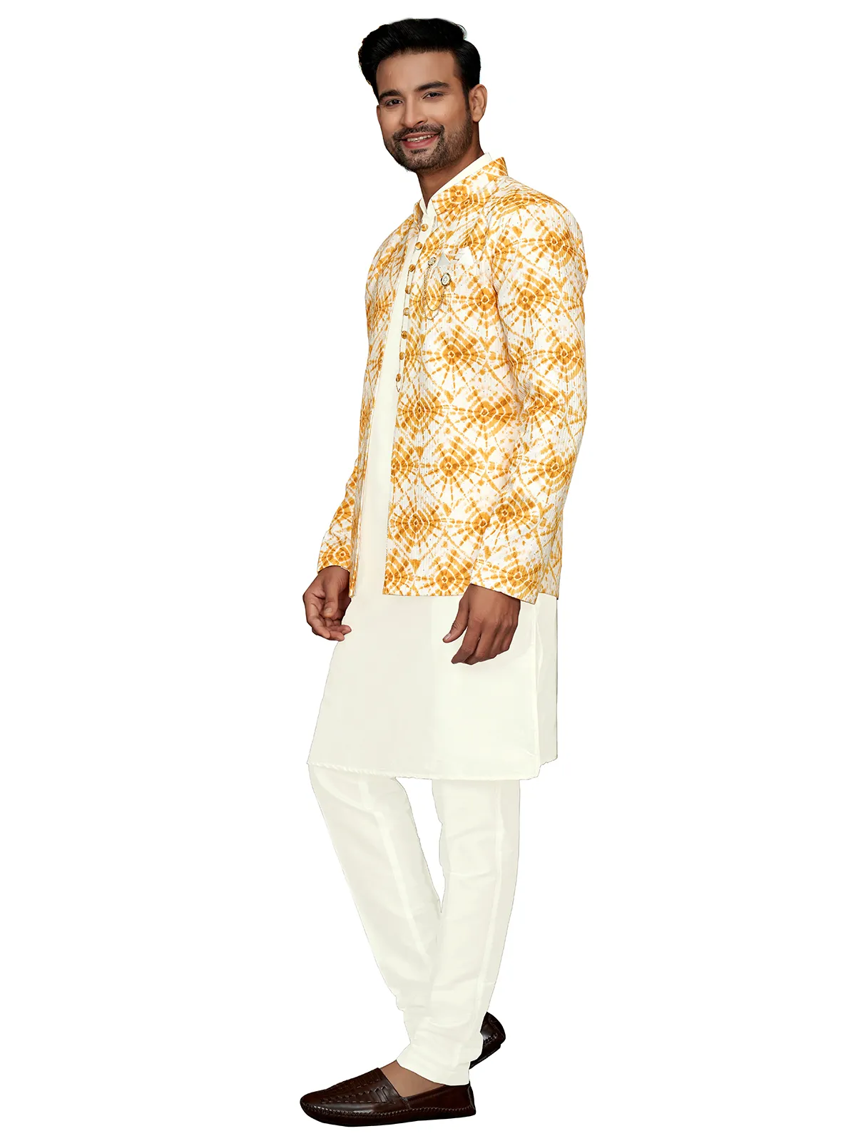 Yellow and cream printed indowestern