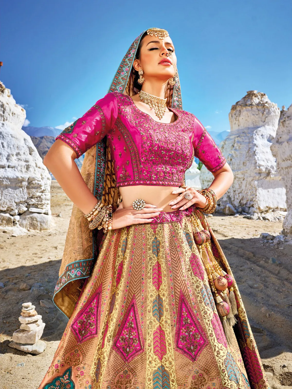 Yellow and magenta banarasi silk lehenga choli