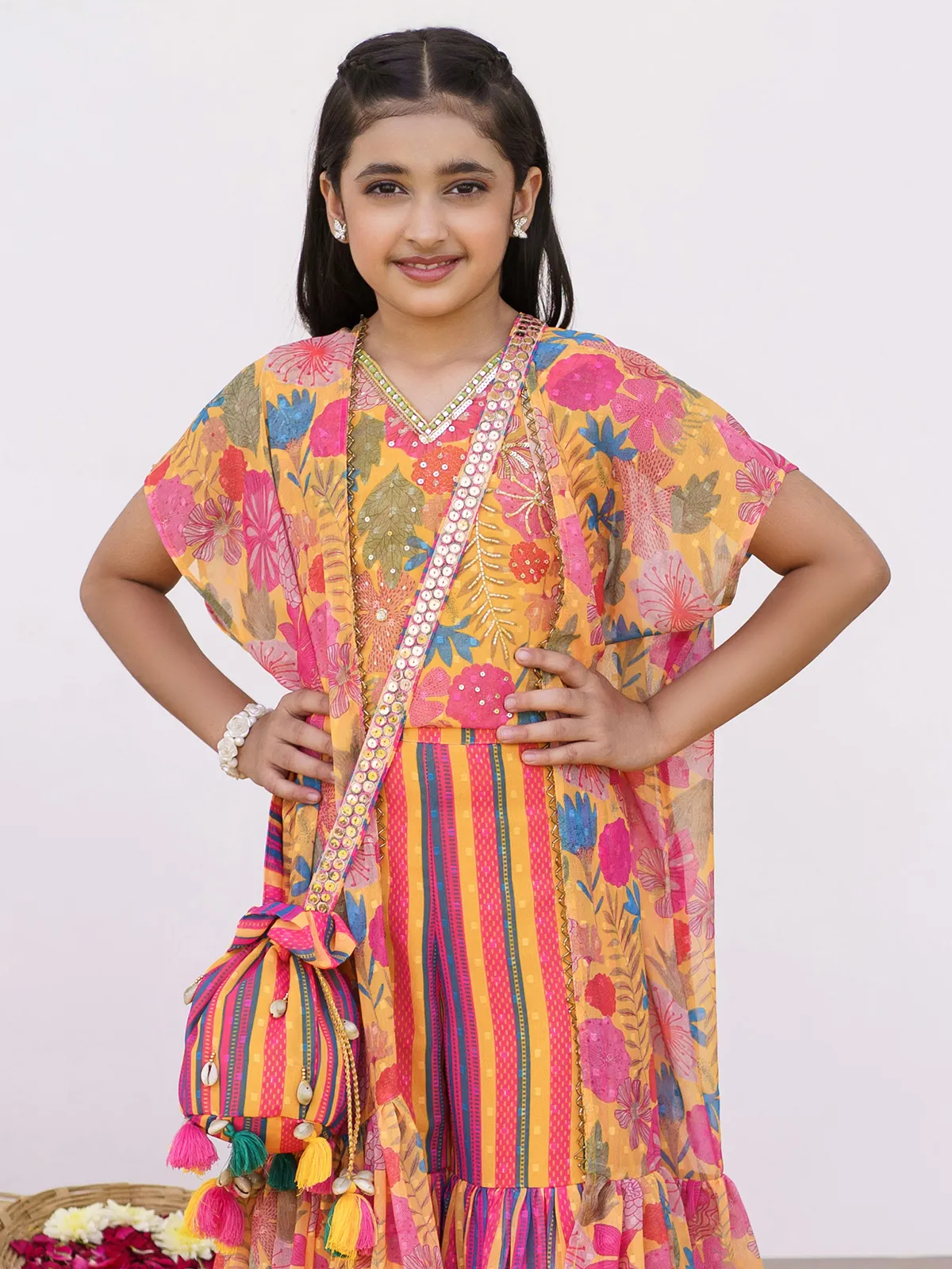 Yellow and pink printed sharara suit