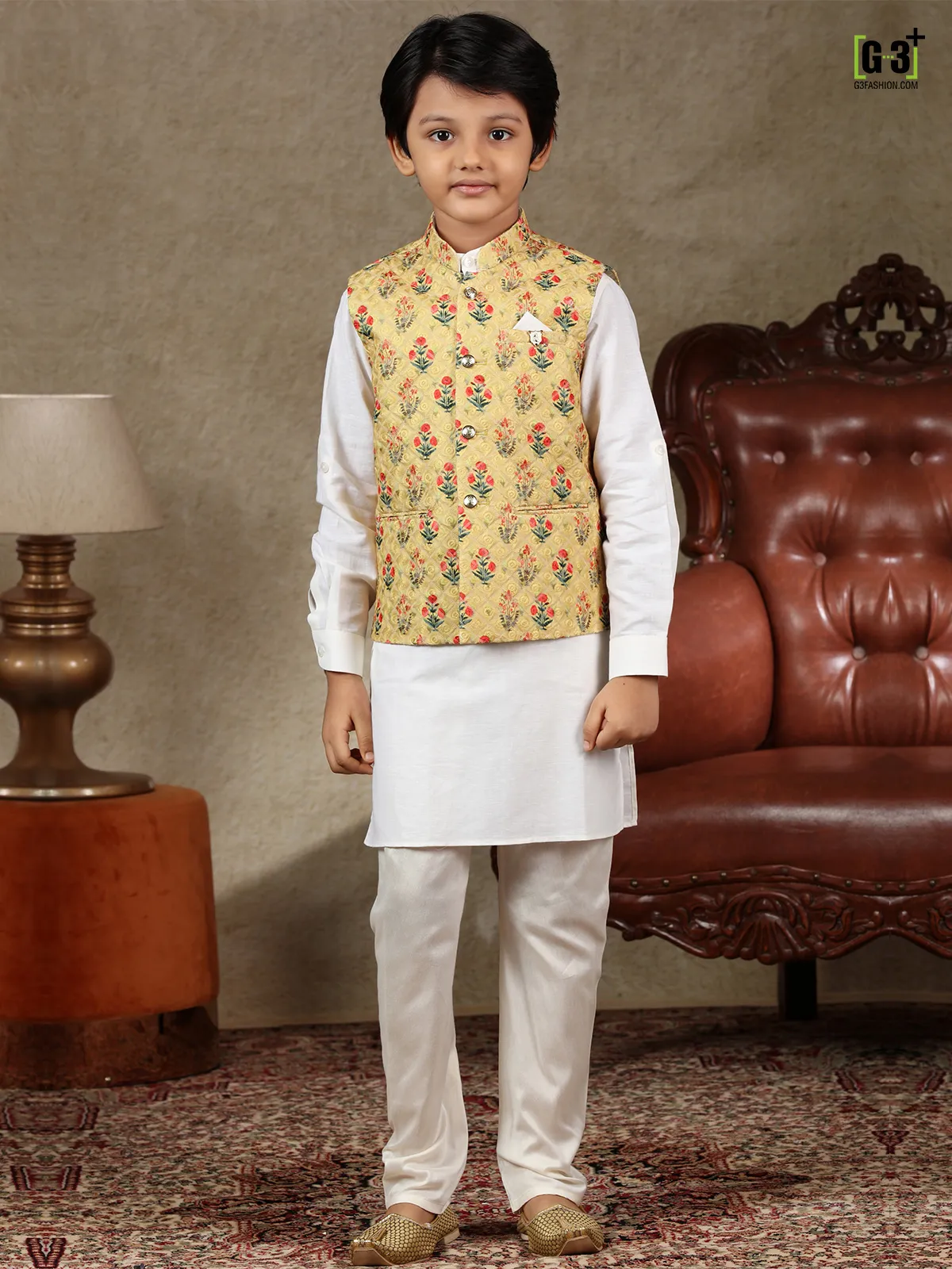 Yellow and white silk waistcoat set for festive look