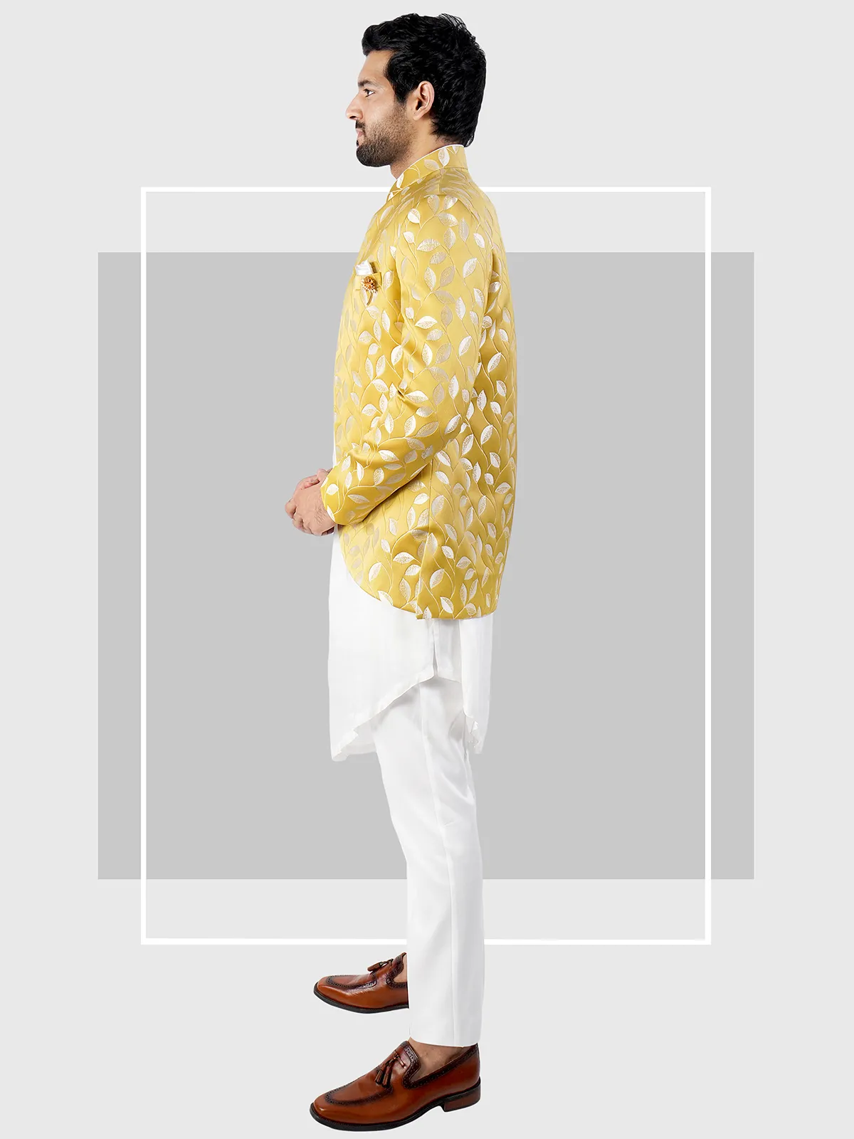 Yellow and white jacquard indowestern for wedding