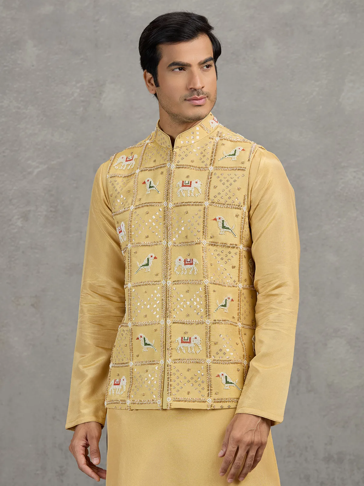 Yellow art silk embroidered waistcoat set