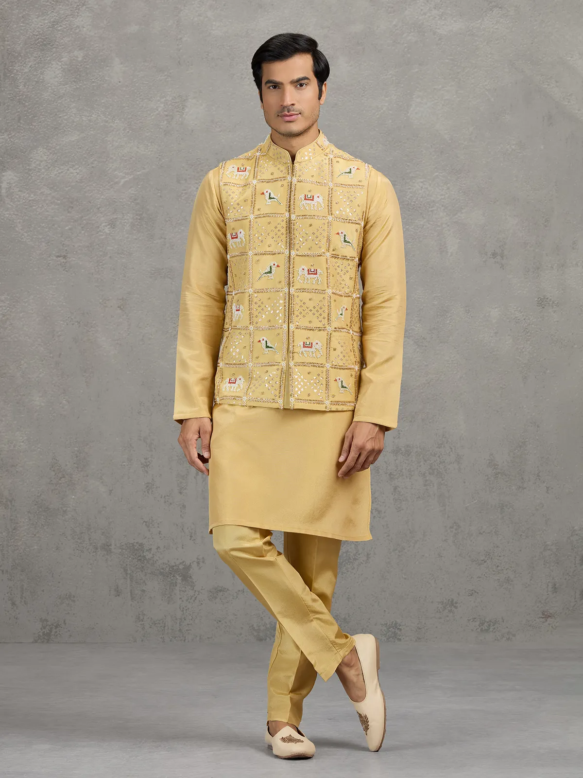 Yellow art silk embroidered waistcoat set