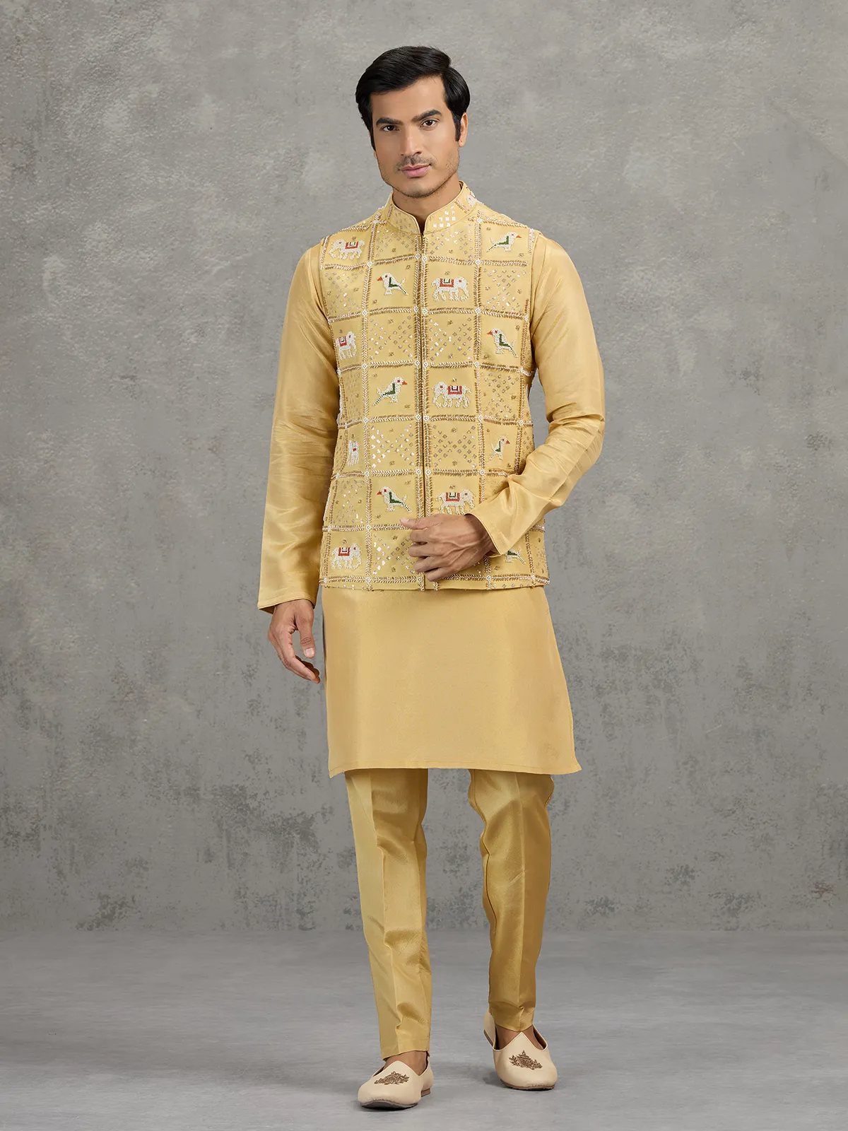 Yellow art silk embroidered waistcoat set