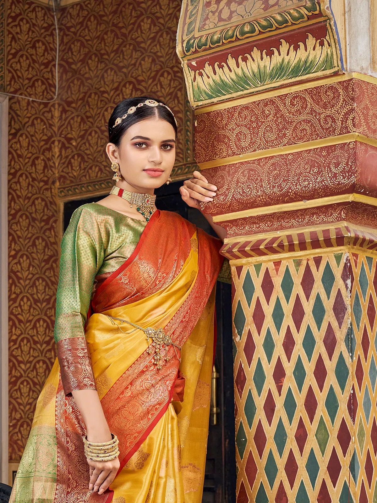 Yellow banarasi silk saree with contrast border