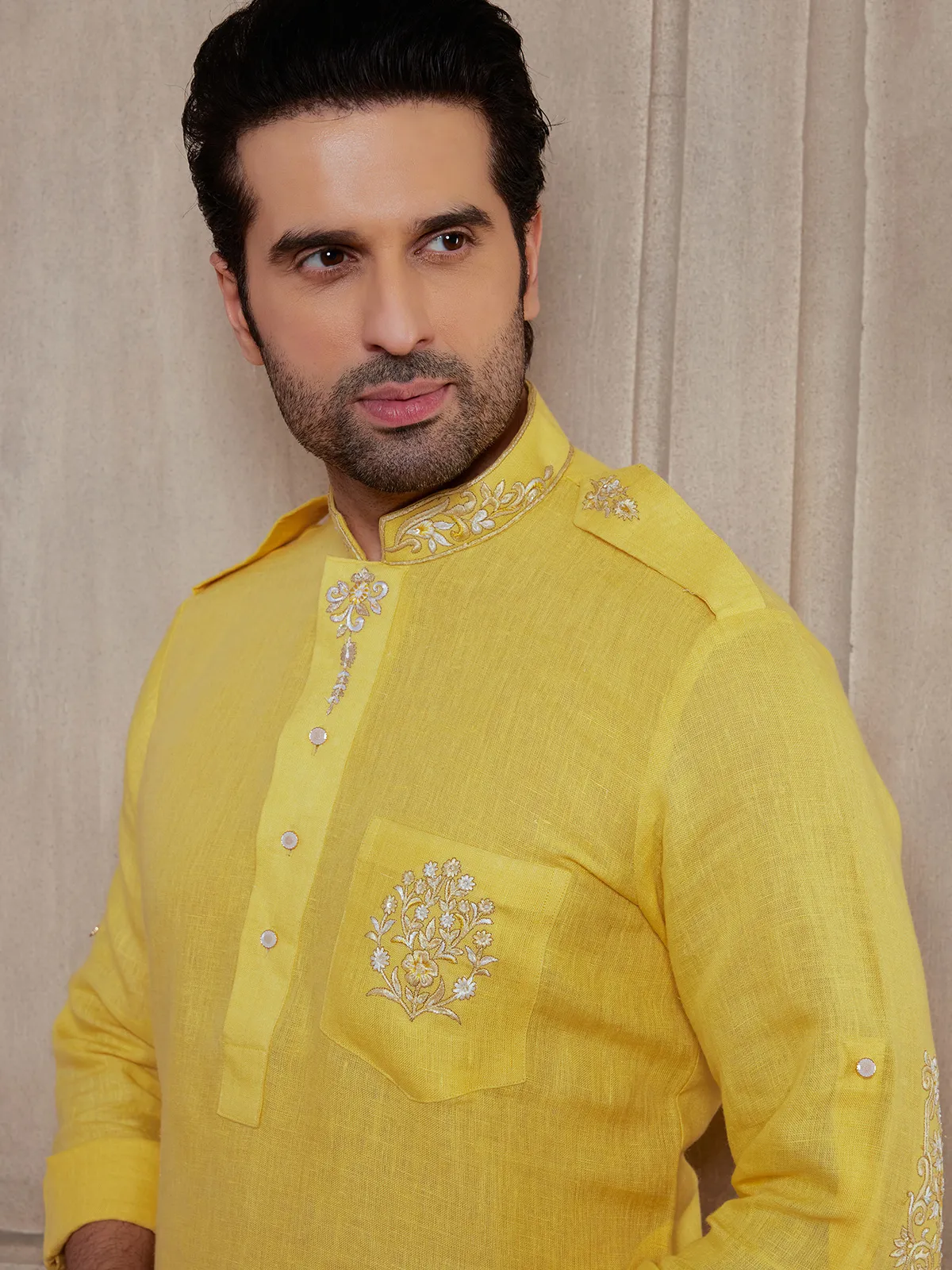 Yellow linen pathani suit