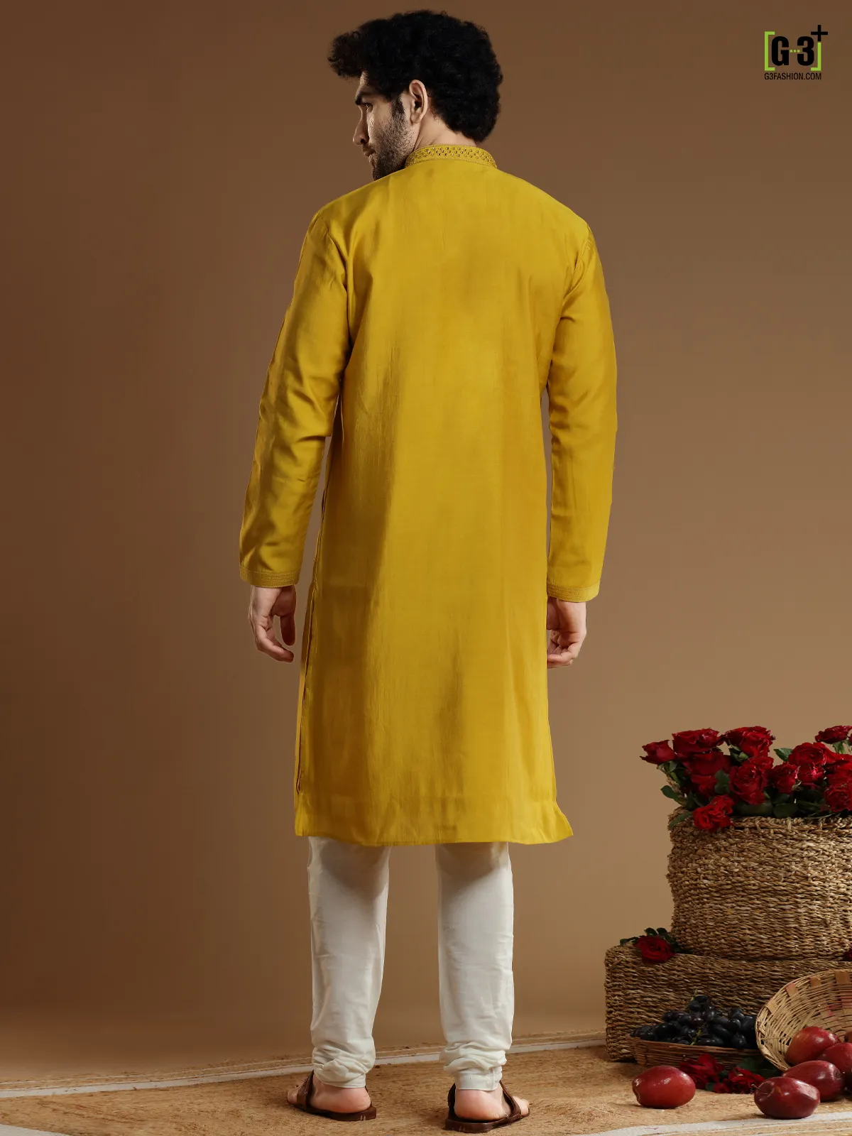 Yellow color cotton silk Kurta Set for Men