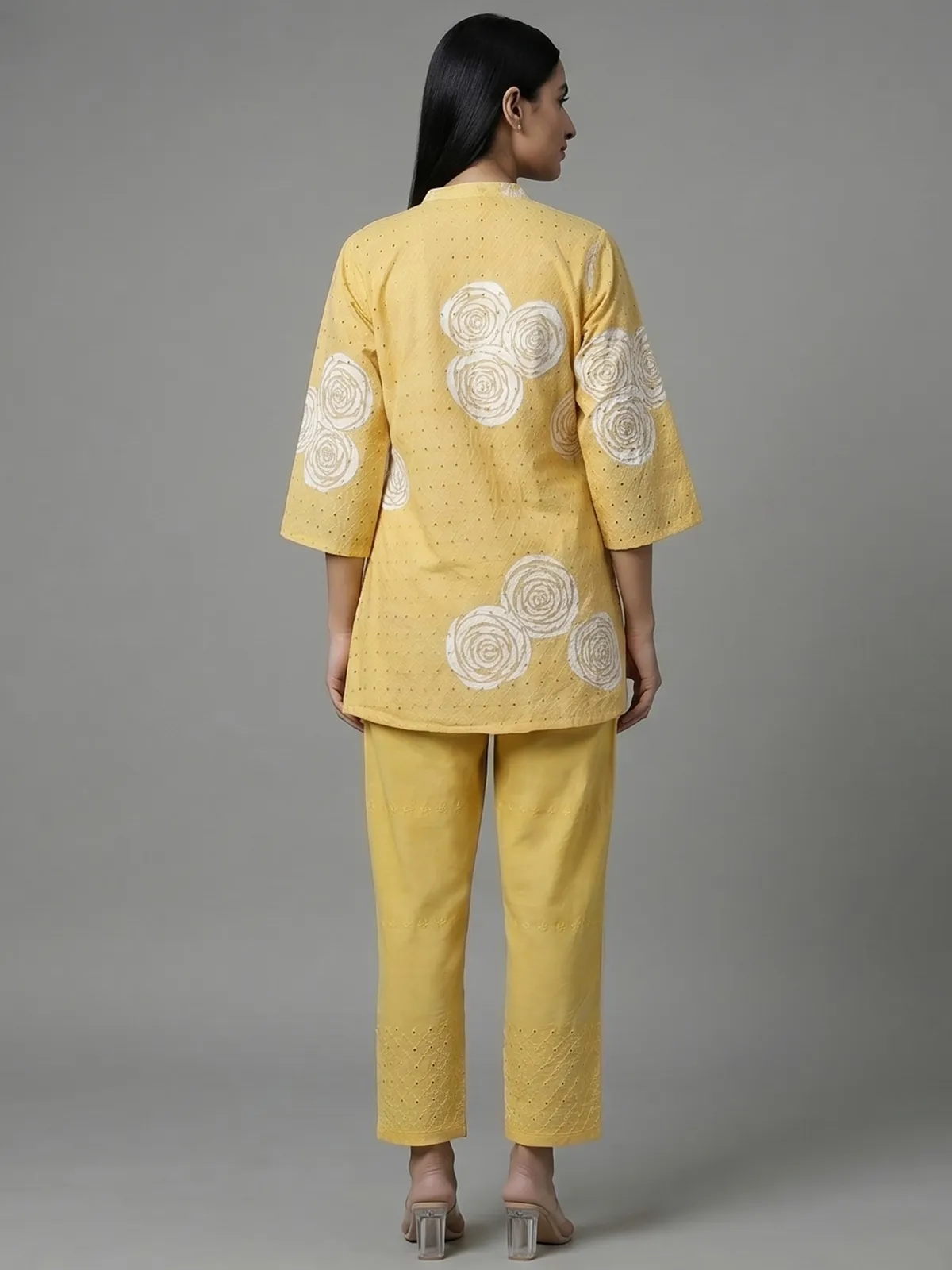 Yellow cotton co ord set with delicate cut work